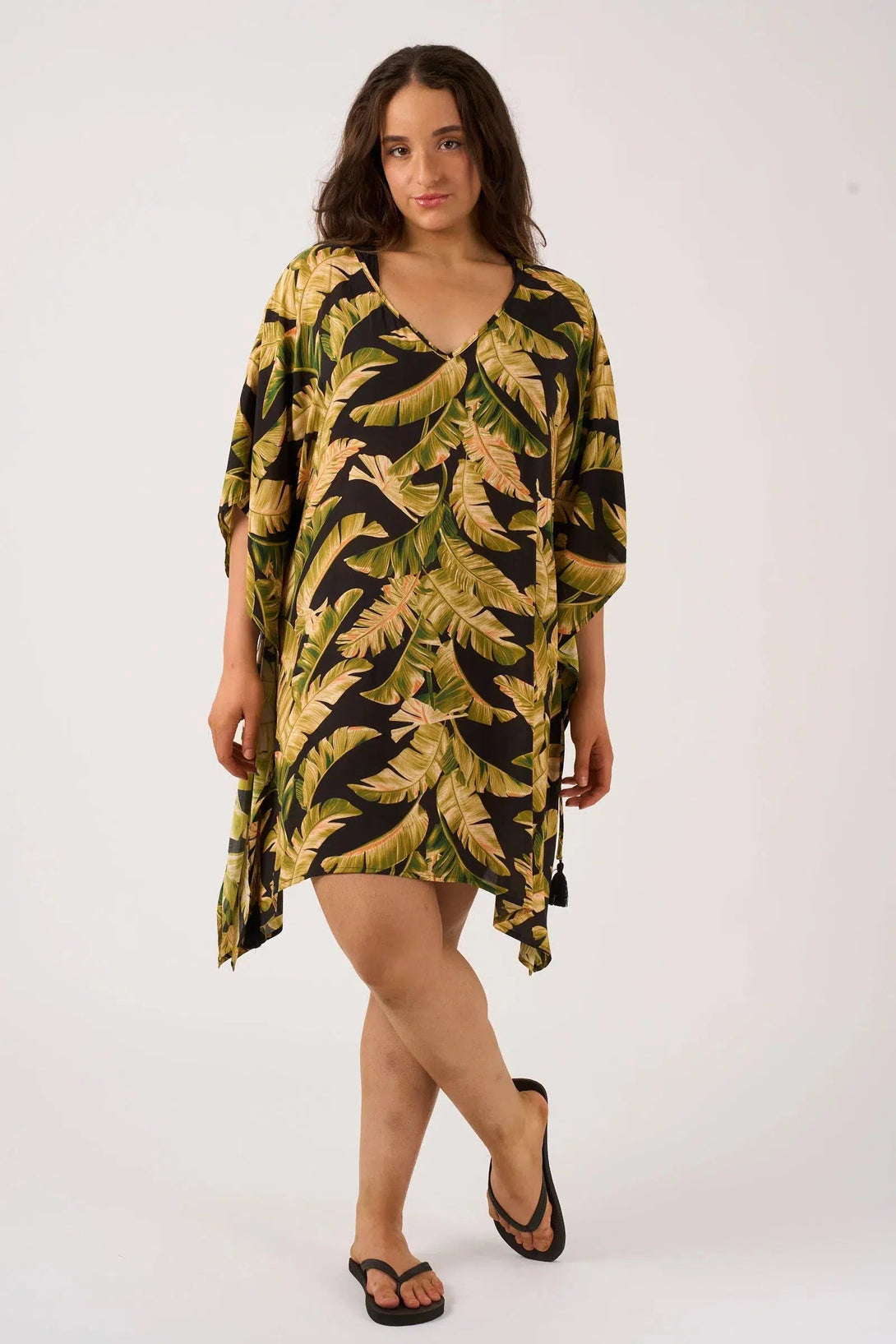 Sustainable Viscose Adjustable Tie Waist Kaftan - Black Tropical Leaf-Activewear-Exoticathletica