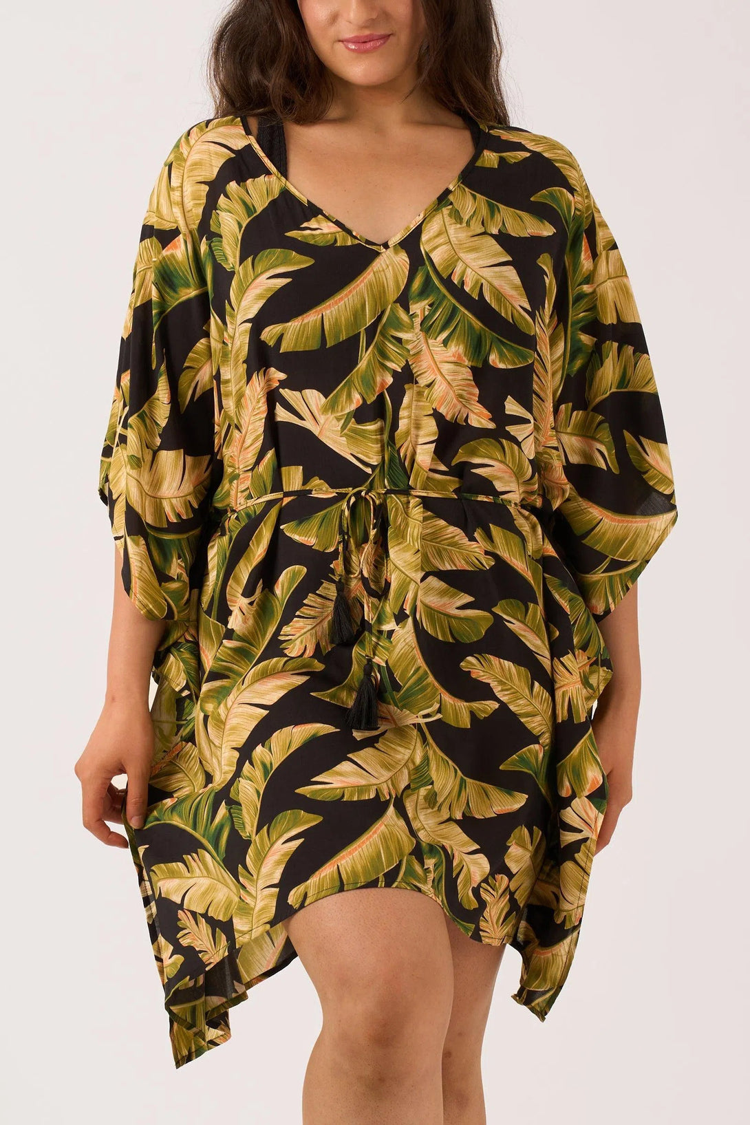 Sustainable Viscose Adjustable Tie Waist Kaftan - Black Tropical Leaf-Activewear-Exoticathletica