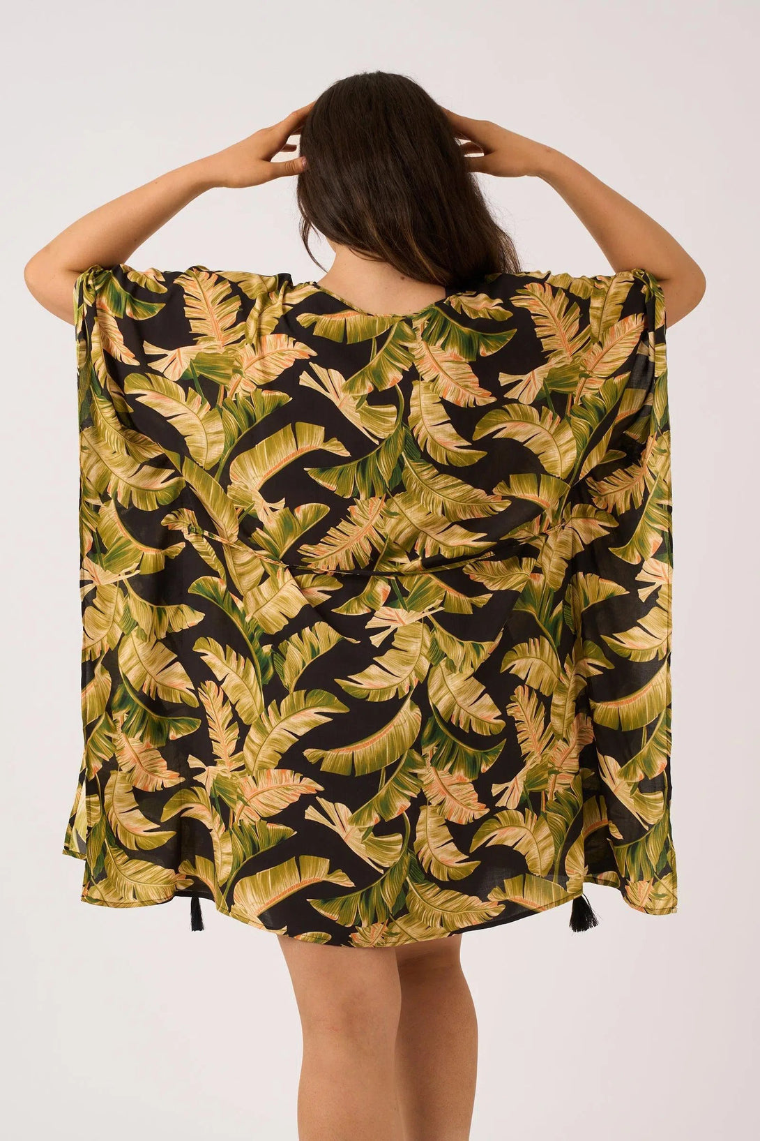 Sustainable Viscose Adjustable Tie Waist Kaftan - Black Tropical Leaf-Activewear-Exoticathletica