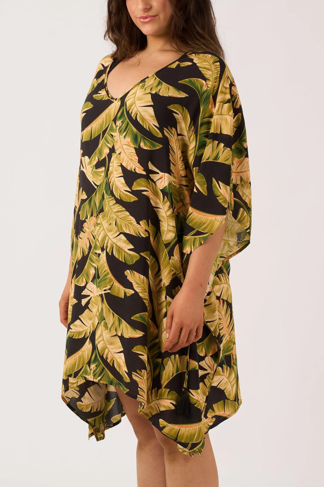 Sustainable Viscose Adjustable Tie Waist Kaftan - Black Tropical Leaf-Activewear-Exoticathletica