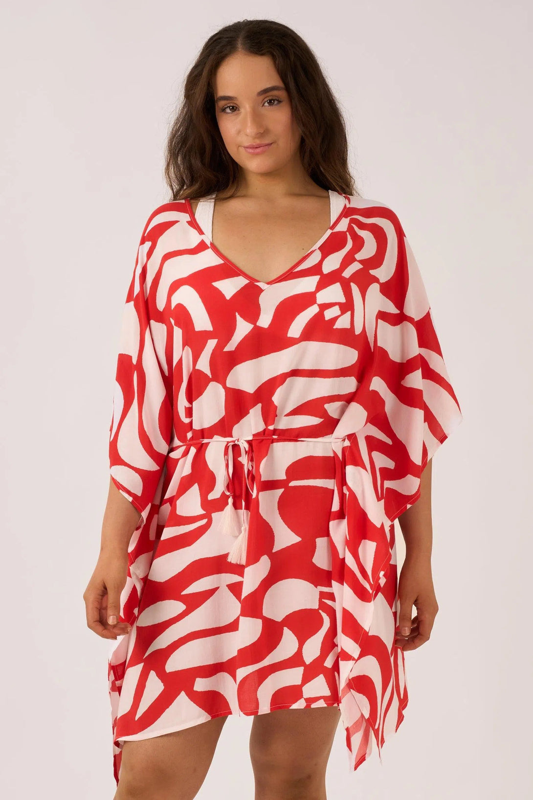 Sustainable Viscose Adjustable Tie Waist Kaftan - Red Geo Waves-9358328371922-Activewear-Exoticathletica