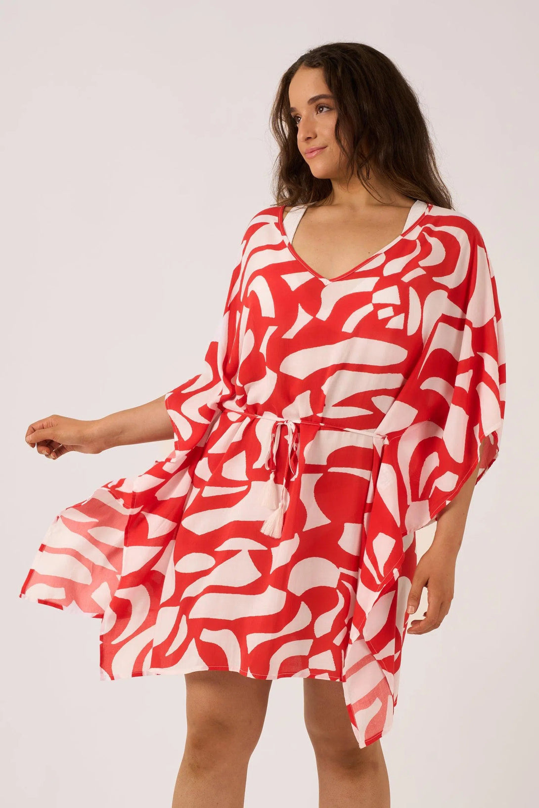 Sustainable Viscose Adjustable Tie Waist Kaftan - Red Geo Waves-Activewear-Exoticathletica