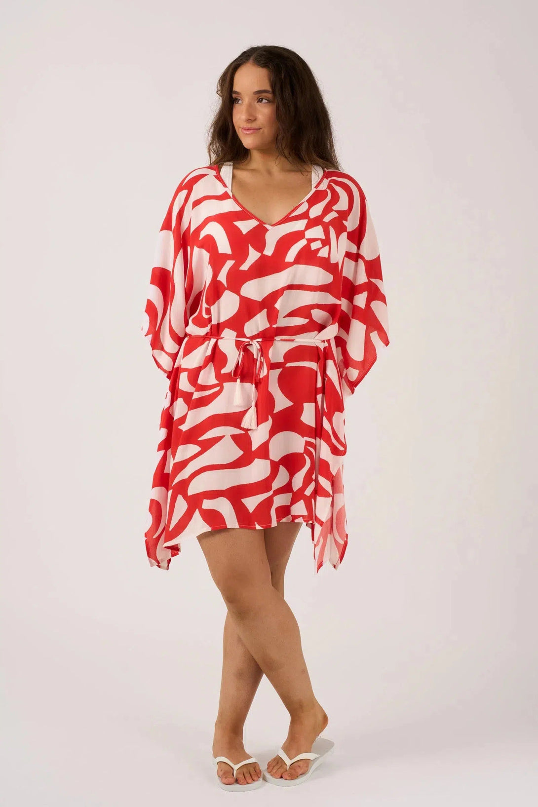 Sustainable Viscose Adjustable Tie Waist Kaftan - Red Geo Waves-Activewear-Exoticathletica