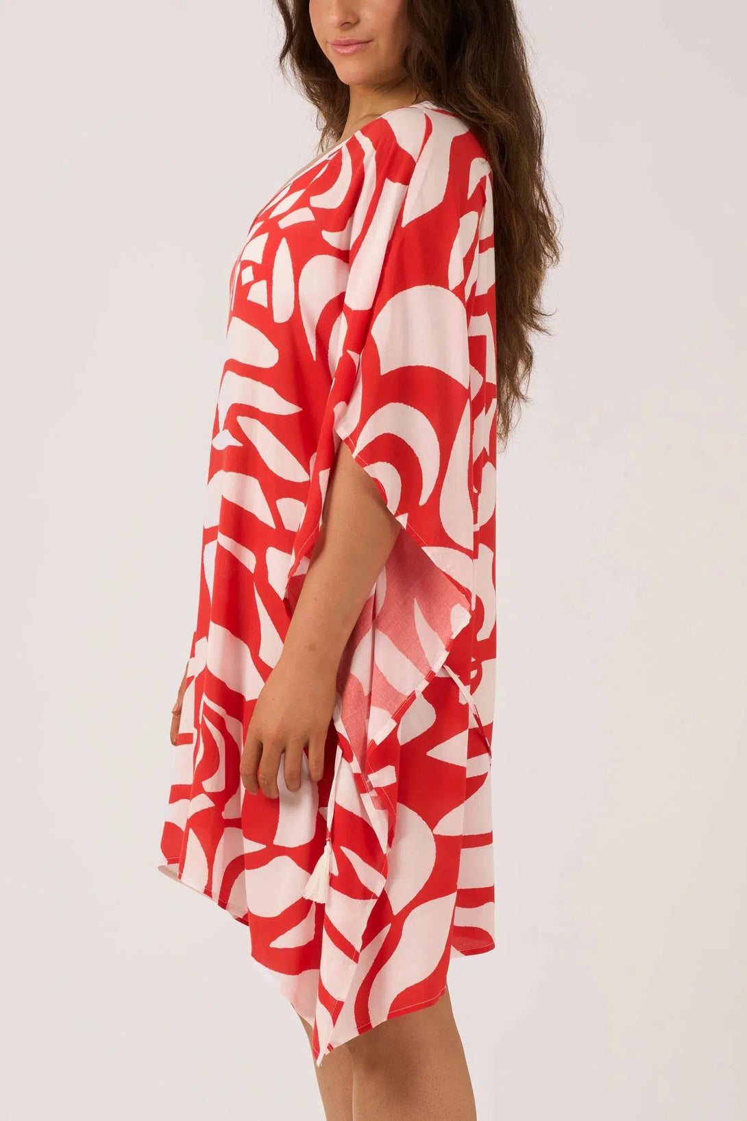 Sustainable Viscose Adjustable Tie Waist Kaftan - Red Geo Waves-Activewear-Exoticathletica