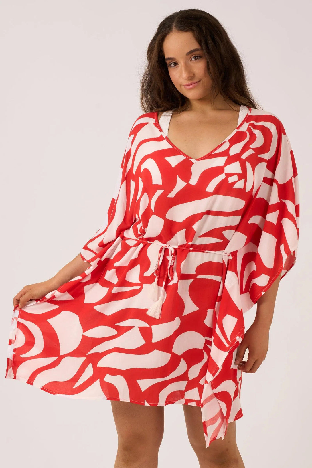 Sustainable Viscose Adjustable Tie Waist Kaftan - Red Geo Waves-Activewear-Exoticathletica