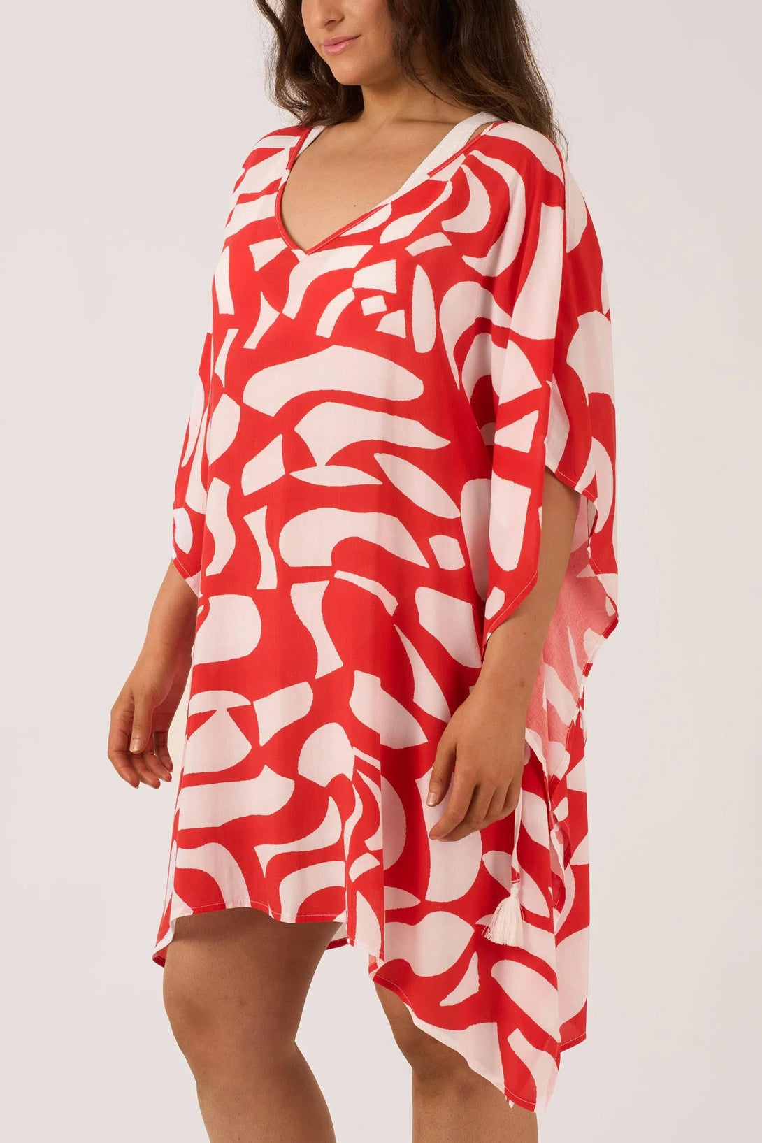 Sustainable Viscose Adjustable Tie Waist Kaftan - Red Geo Waves-Activewear-Exoticathletica