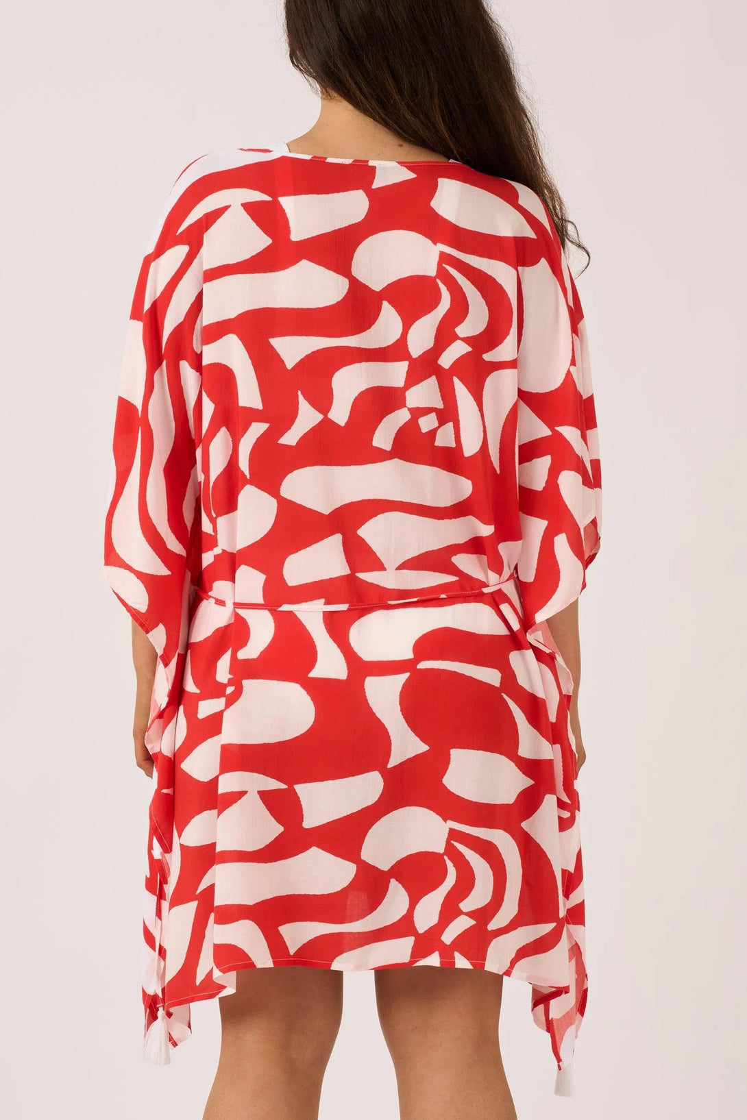 Sustainable Viscose Adjustable Tie Waist Kaftan - Red Geo Waves-Activewear-Exoticathletica