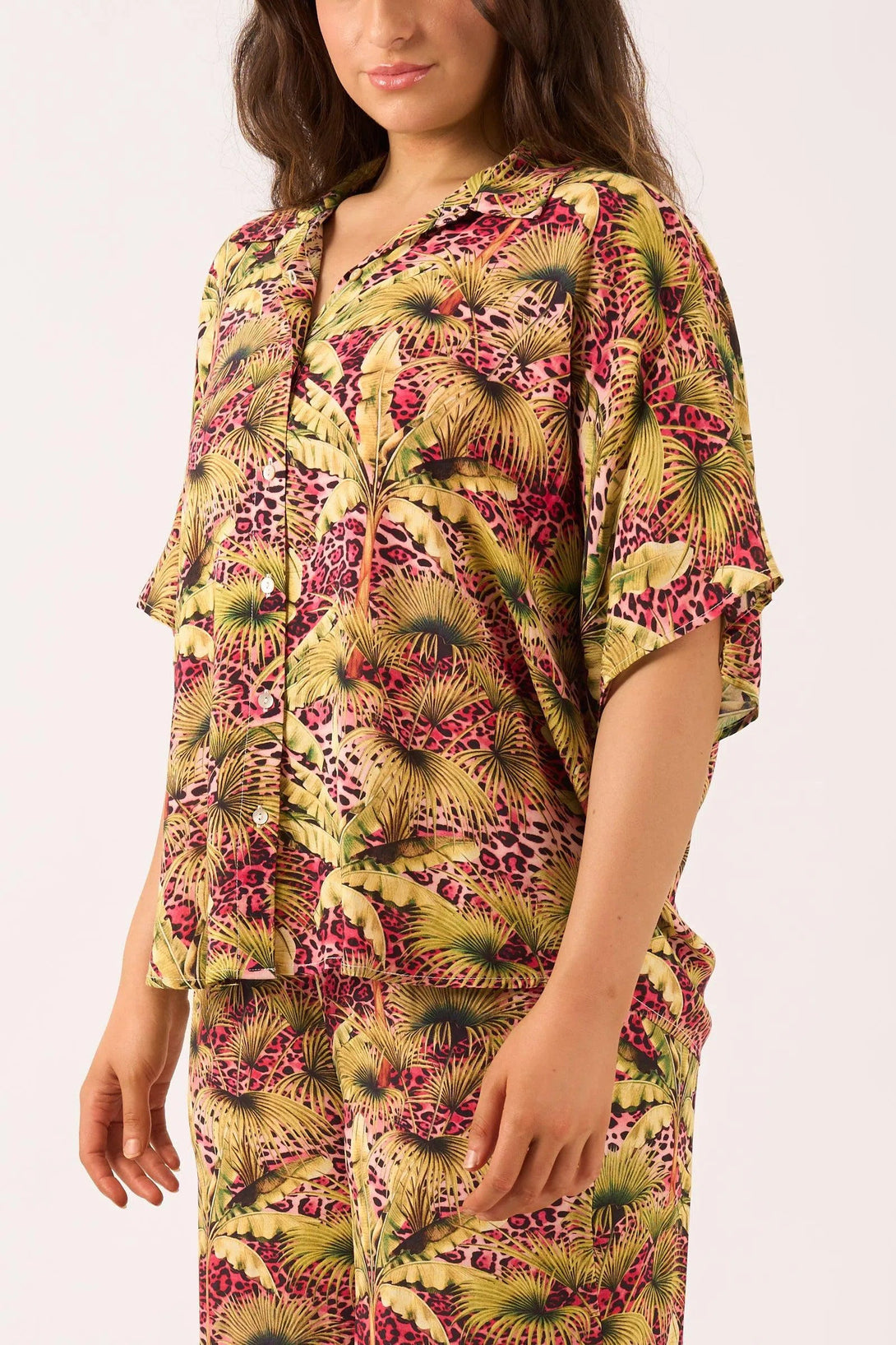 Sustainable Viscose Boxy Shirt - Pink Tropical Leopard-Activewear-Exoticathletica