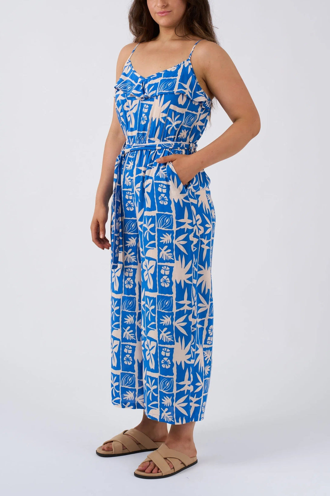 Sustainable Viscose Frill Jumpsuit - Blue Tiki-Activewear-Exoticathletica