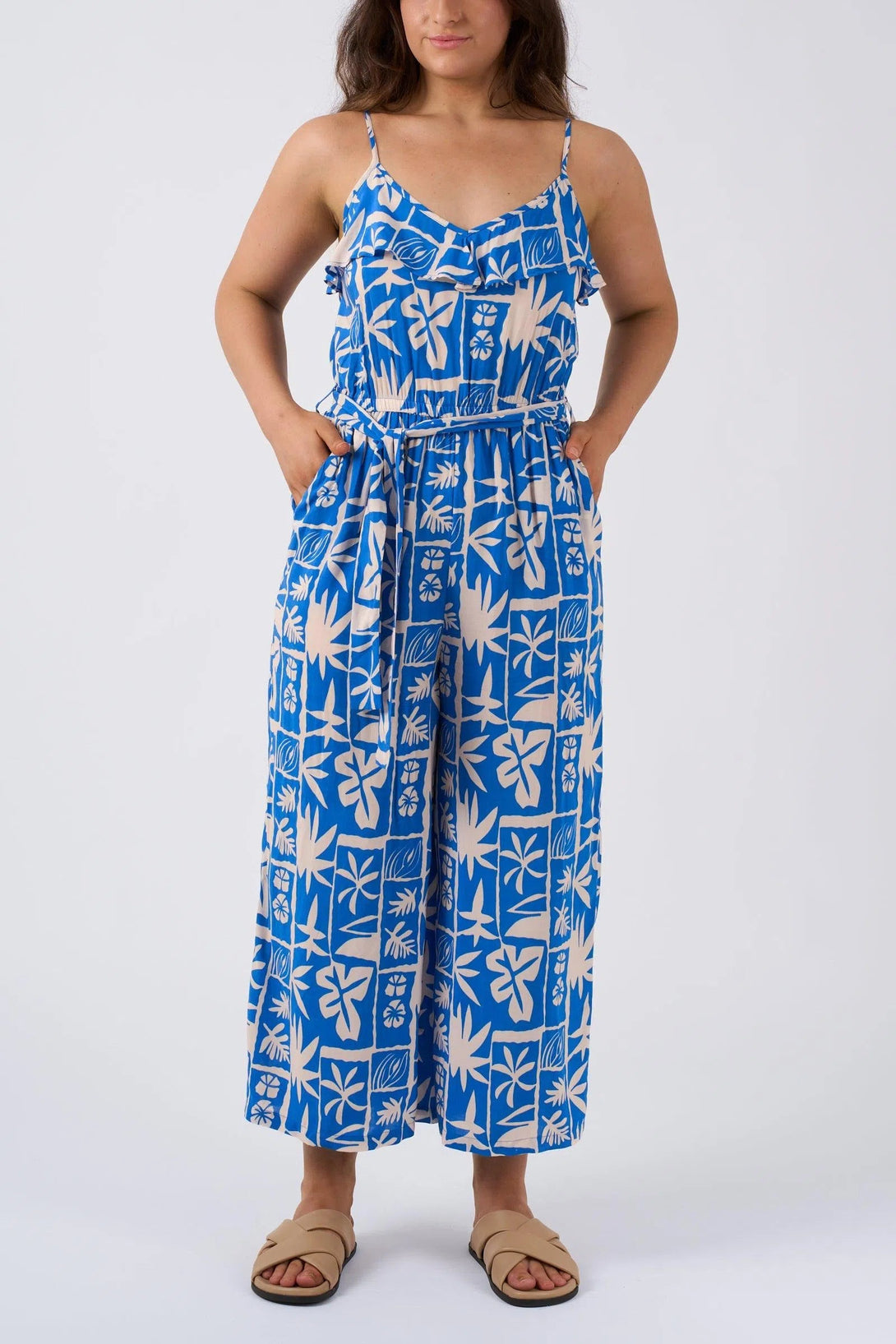 Sustainable Viscose Frill Jumpsuit - Blue Tiki-Activewear-Exoticathletica