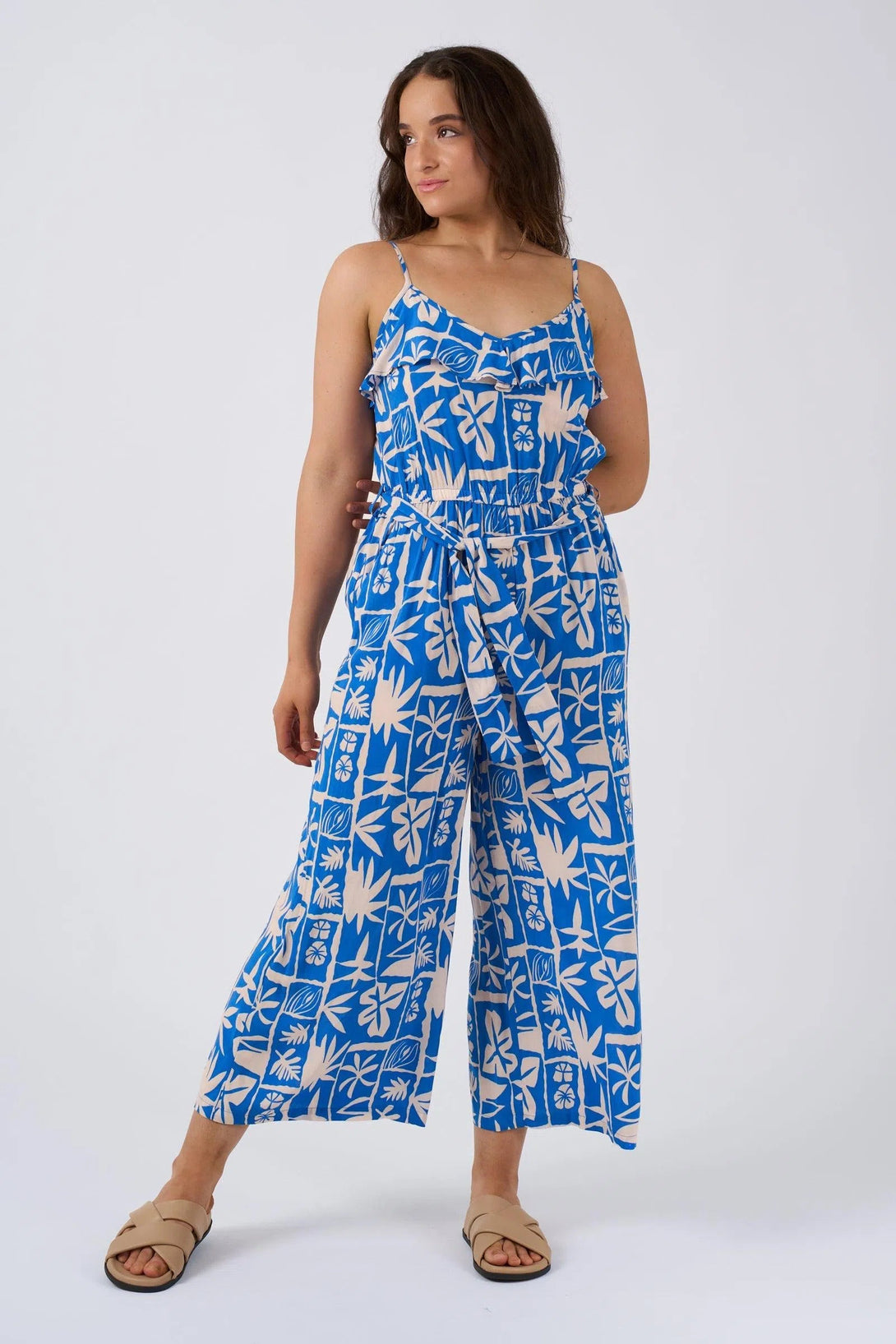 Sustainable Viscose Frill Jumpsuit - Blue Tiki-Activewear-Exoticathletica