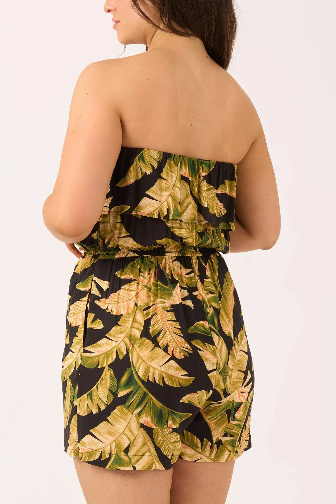 Sustainable Viscose Frill Playsuit - Black Tropical Leaf-Activewear-Exoticathletica