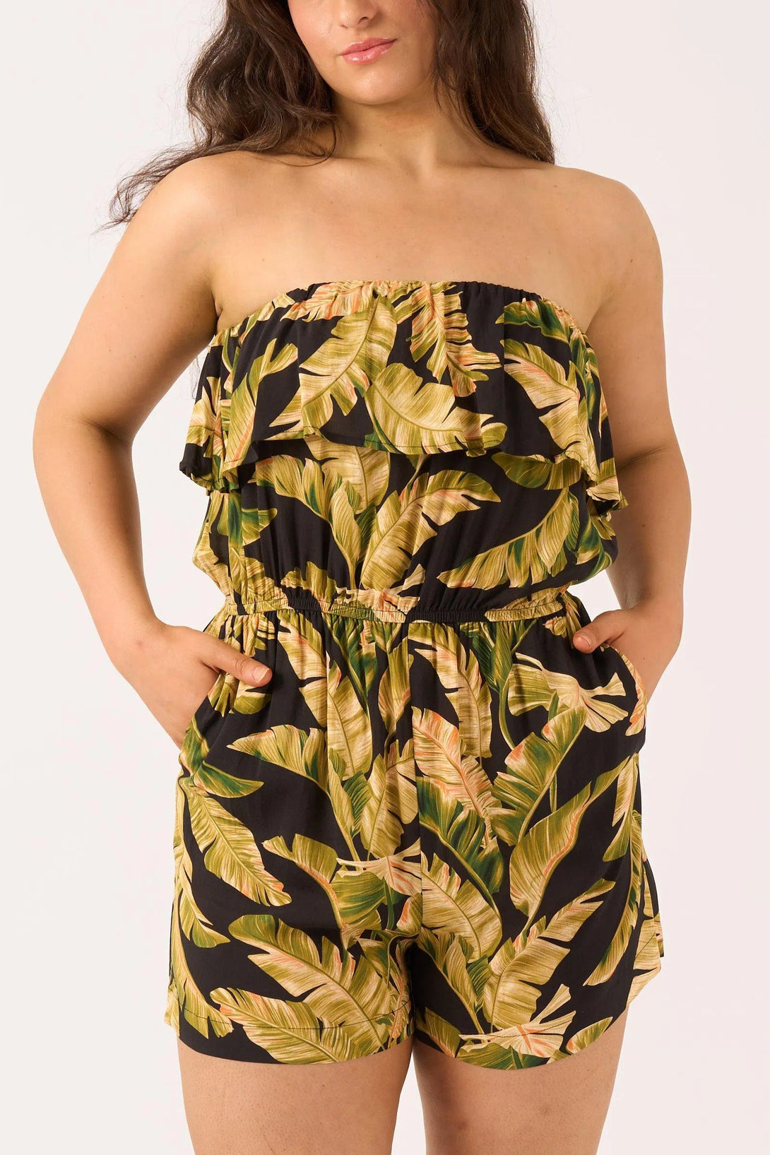 Sustainable Viscose Frill Playsuit - Black Tropical Leaf-Activewear-Exoticathletica