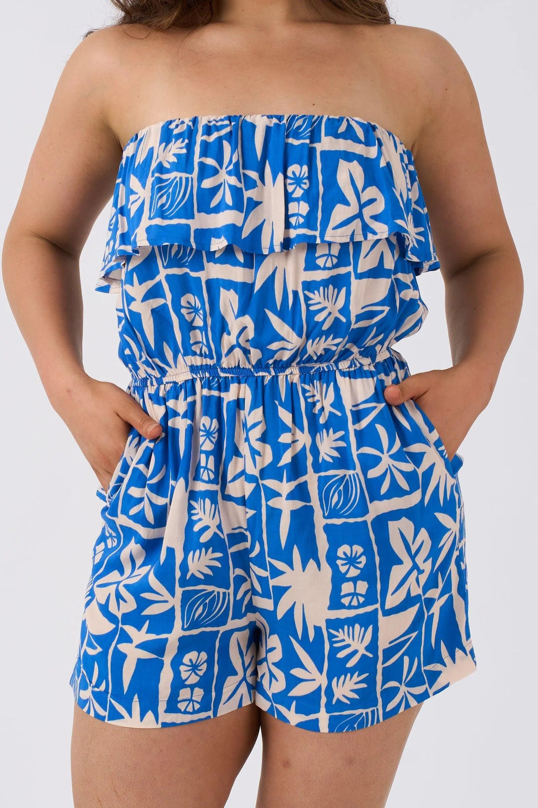 Sustainable Viscose Frill Playsuit - Blue Tiki-Activewear-Exoticathletica