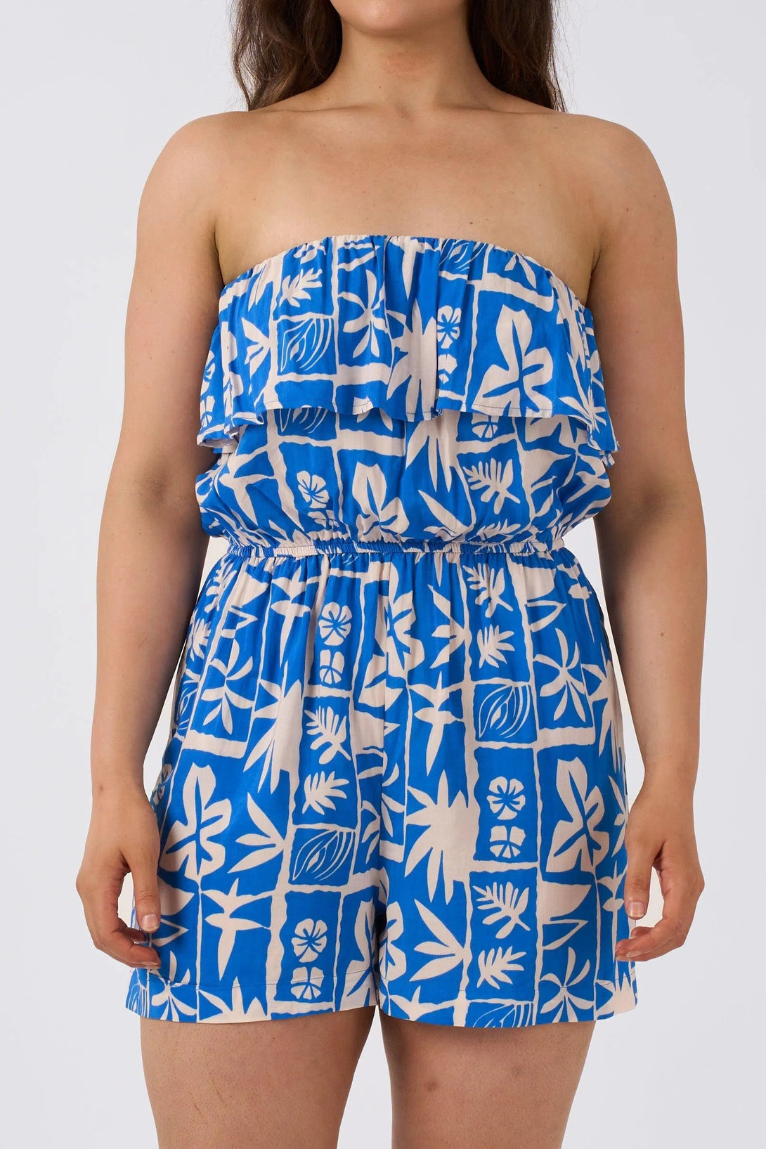 Sustainable Viscose Frill Playsuit - Blue Tiki-Activewear-Exoticathletica