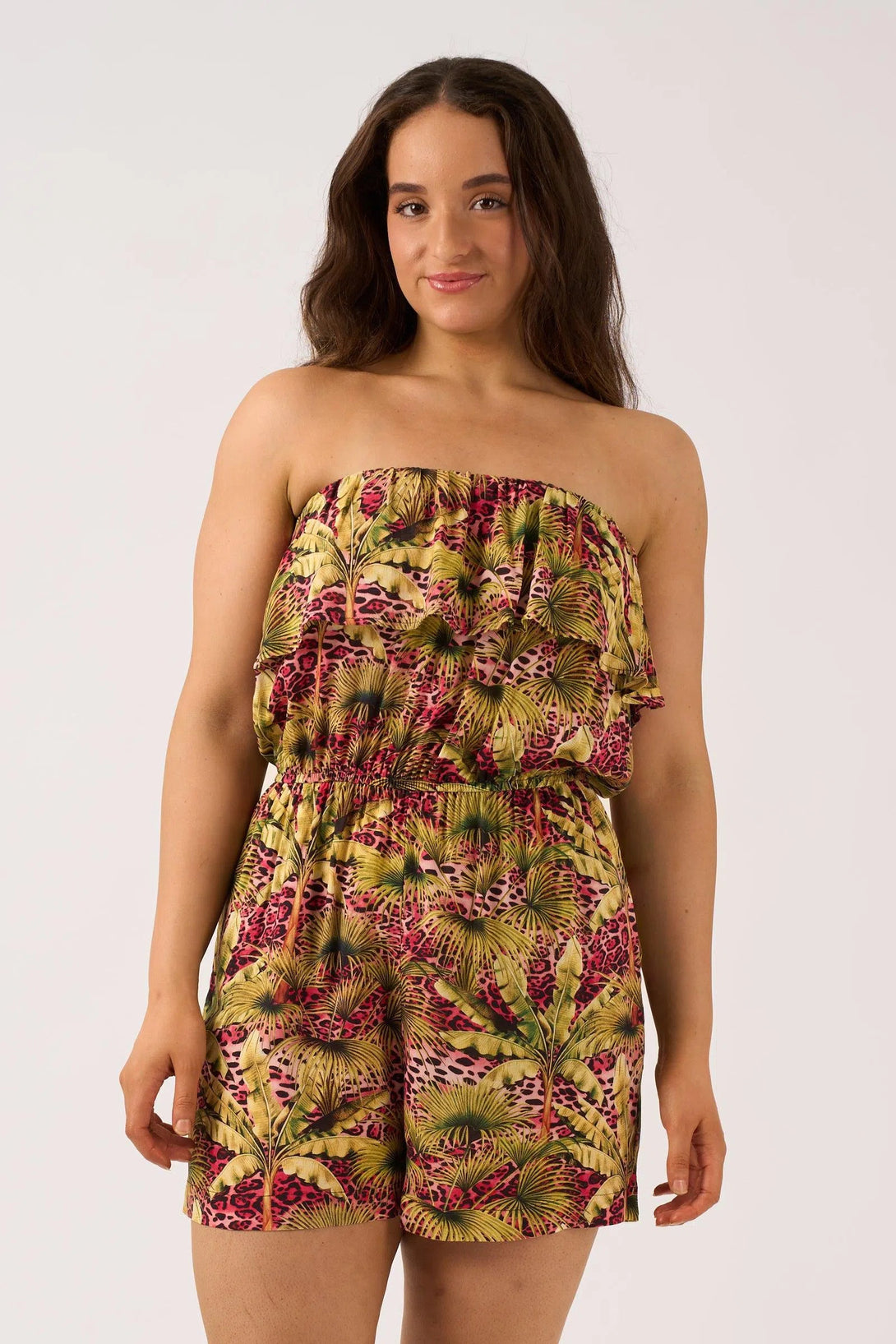 Sustainable Viscose Frill Playsuit - Pink Tropical Leopard-Activewear-Exoticathletica