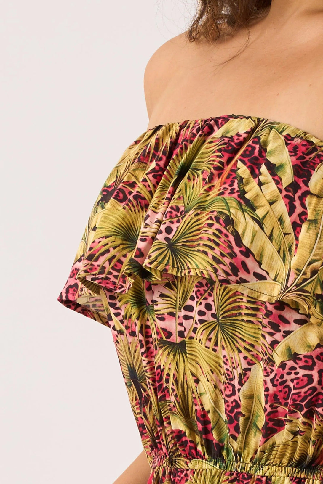 Sustainable Viscose Frill Playsuit - Pink Tropical Leopard-Activewear-Exoticathletica