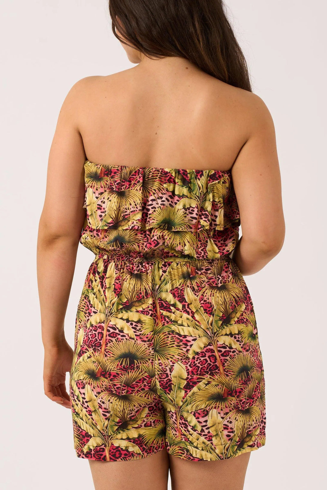 Sustainable Viscose Frill Playsuit - Pink Tropical Leopard-Activewear-Exoticathletica