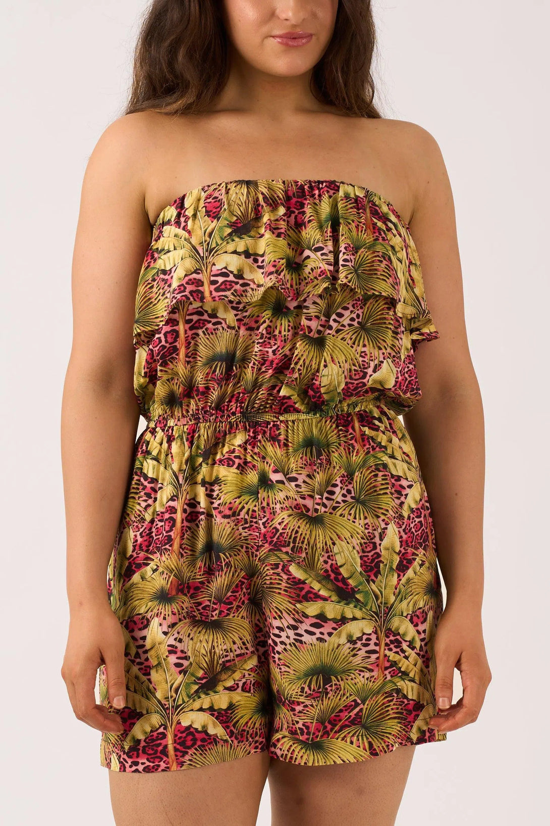 Sustainable Viscose Frill Playsuit - Pink Tropical Leopard-Activewear-Exoticathletica