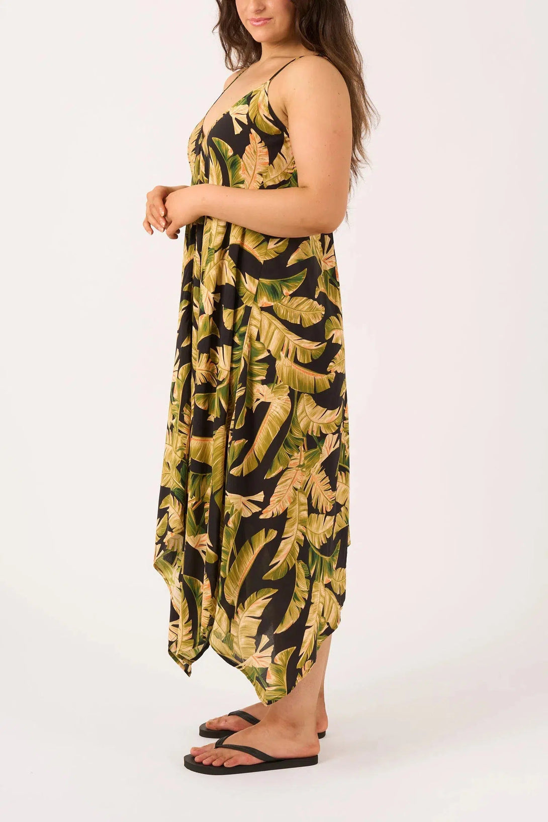 Sustainable Viscose Hanky Hem Dress - Black Tropical Leaf-Activewear-Exoticathletica