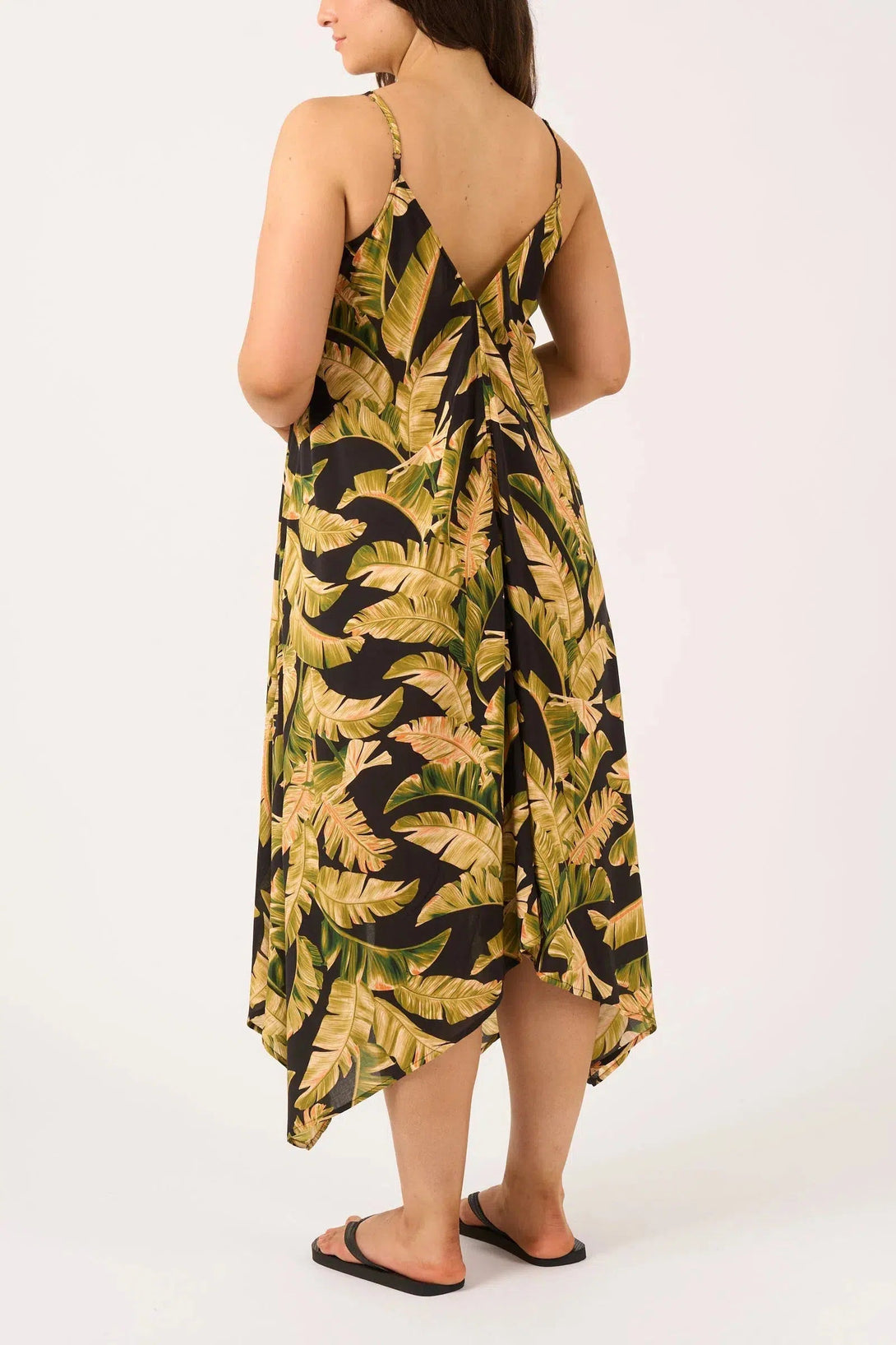 Sustainable Viscose Hanky Hem Dress - Black Tropical Leaf-Activewear-Exoticathletica