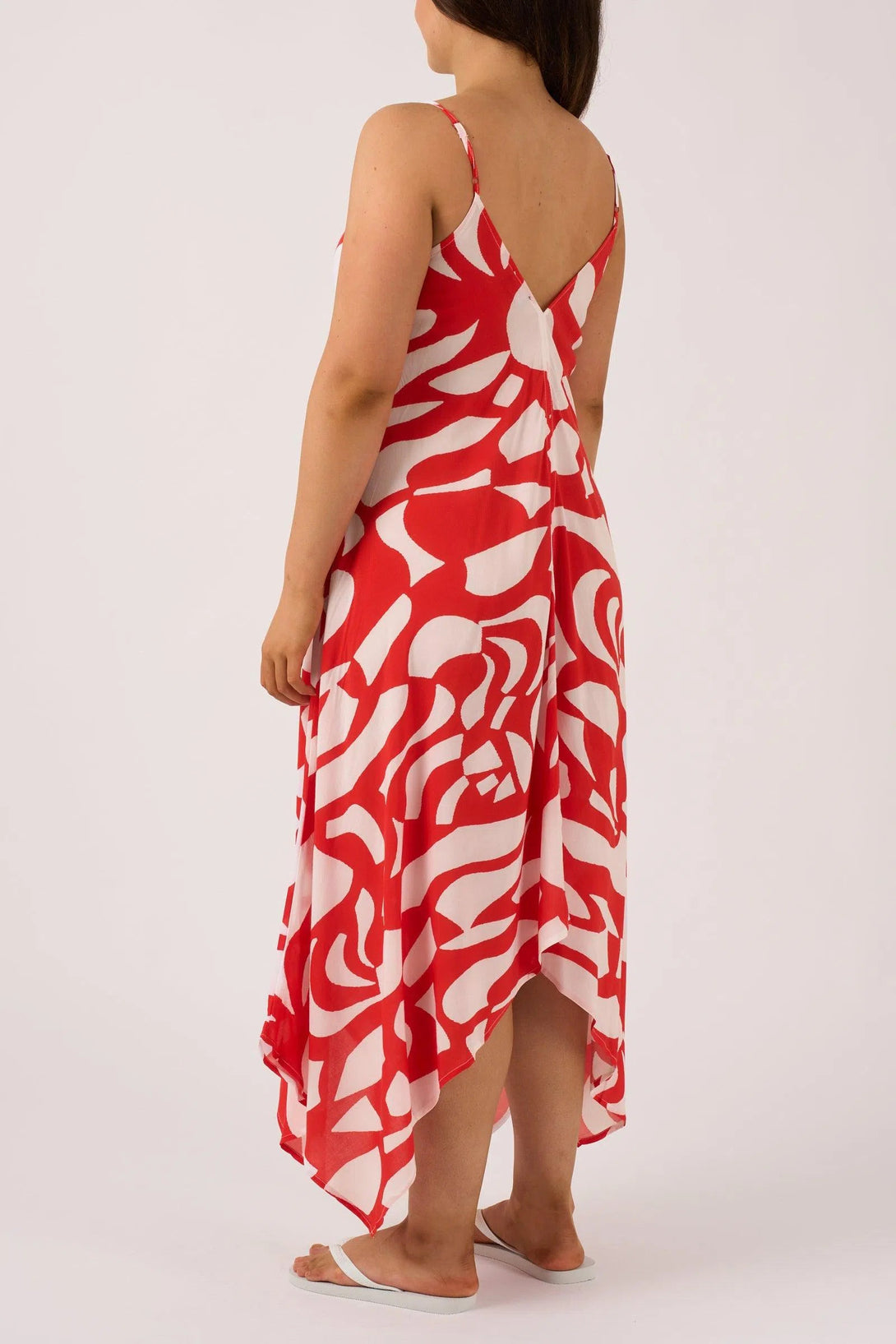 Sustainable Viscose Hanky Hem Dress - Red Geo Waves-Activewear-Exoticathletica