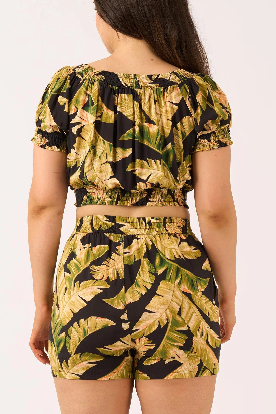 Sustainable Viscose Pull On Short - Black Tropical Leaf-Activewear-Exoticathletica