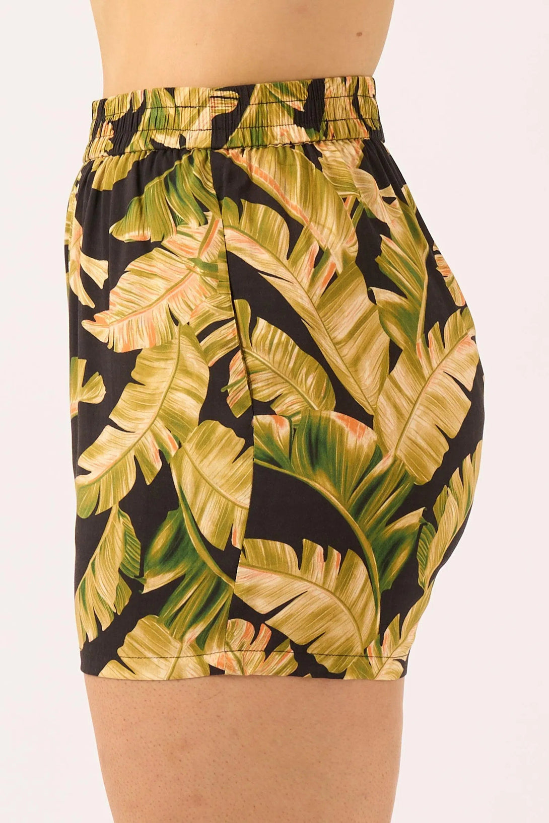 Sustainable Viscose Pull On Short - Black Tropical Leaf-Activewear-Exoticathletica