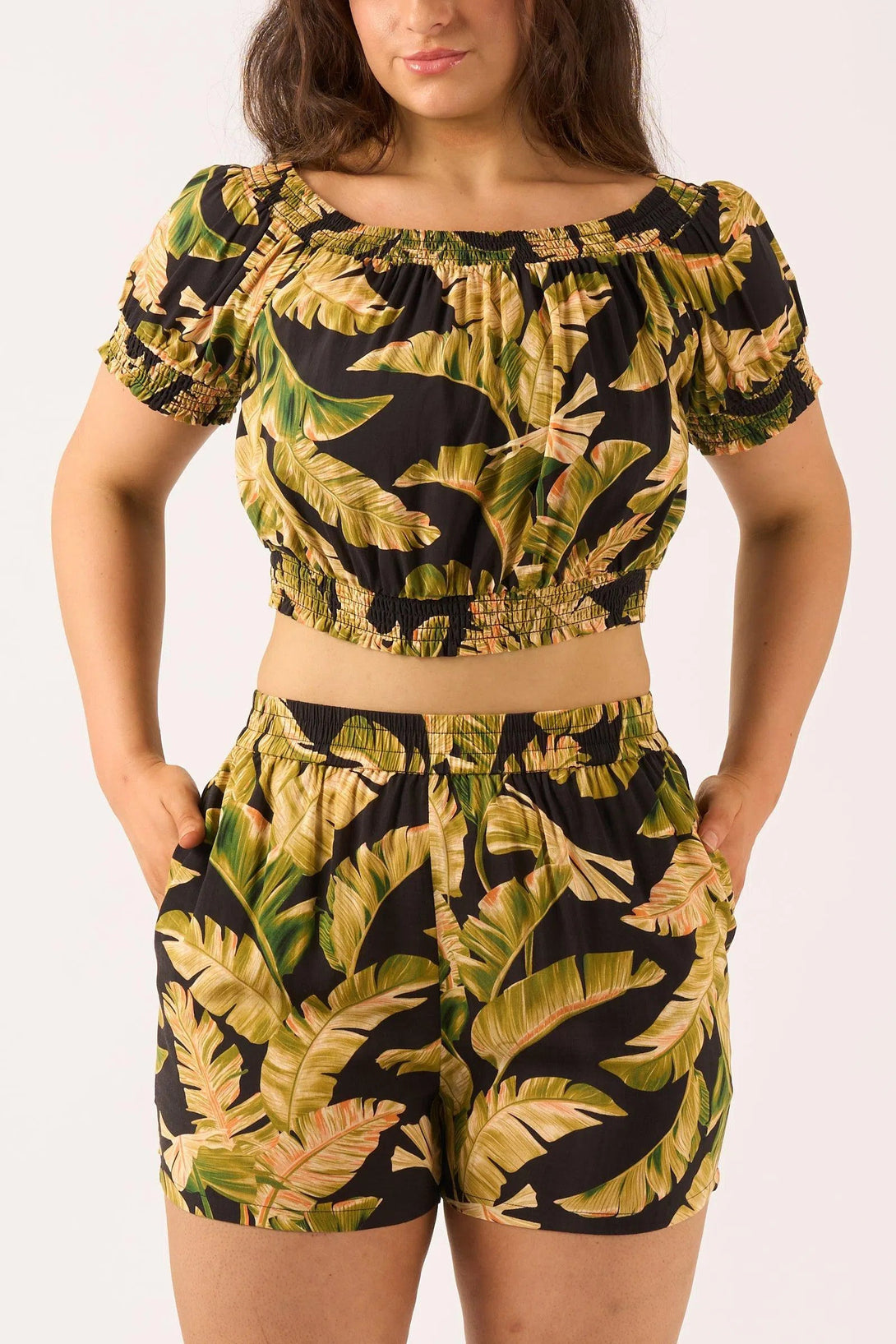 Sustainable Viscose Pull On Short - Black Tropical Leaf-Activewear-Exoticathletica