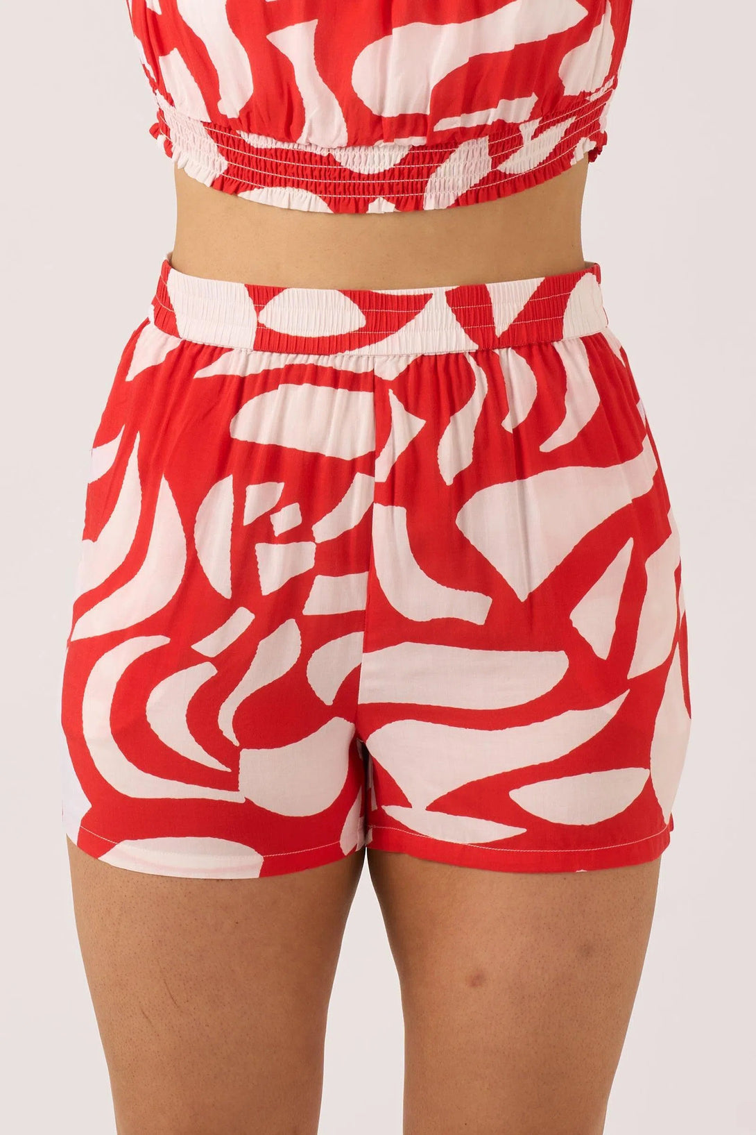 Sustainable Viscose Pull On Short - Red Geo Waves-9358328375005-Activewear-Exoticathletica