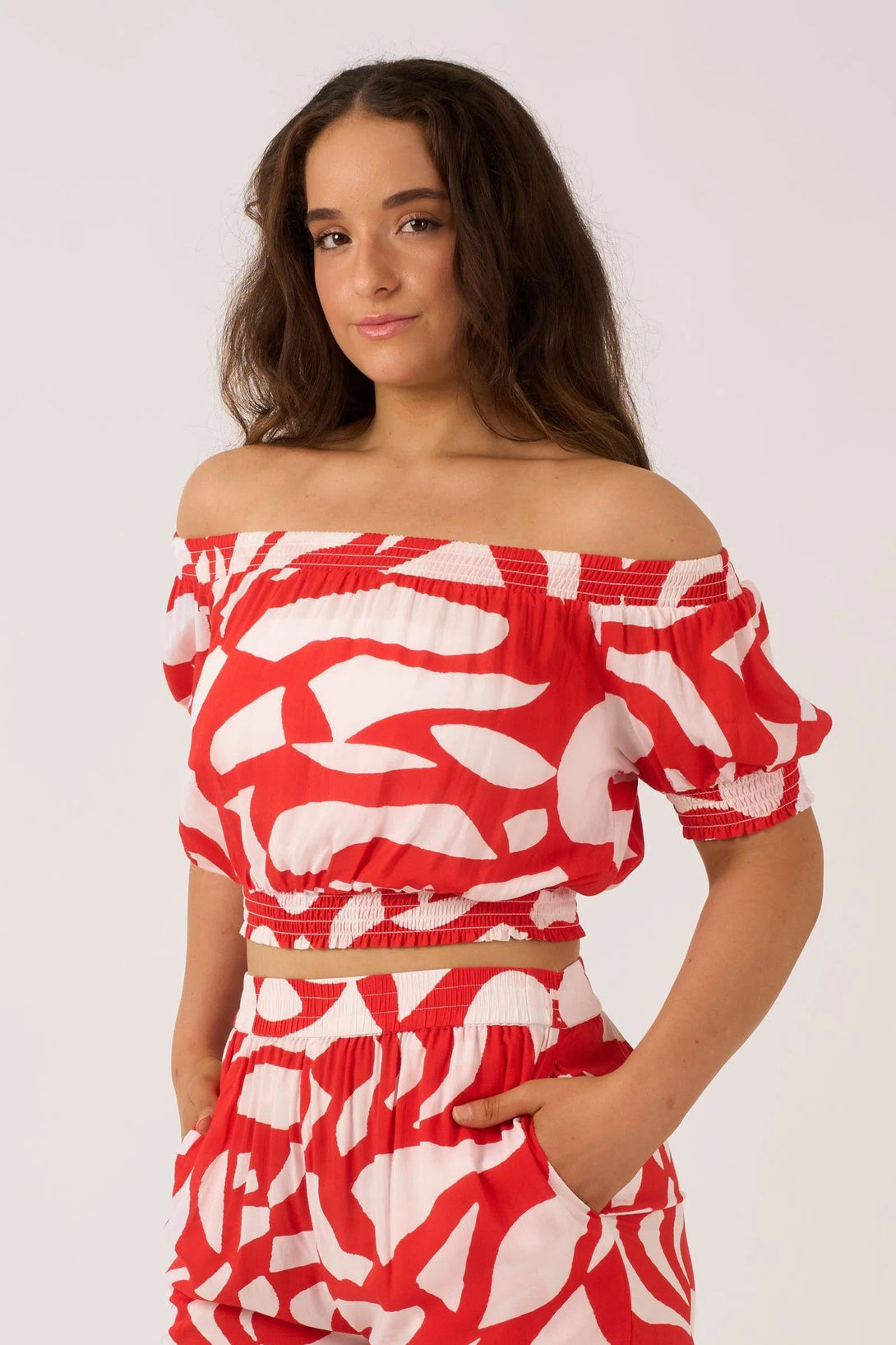 Sustainable Viscose Shirred Bardot Crop Top - Red Geo Waves-9358328374695-Activewear-Exoticathletica