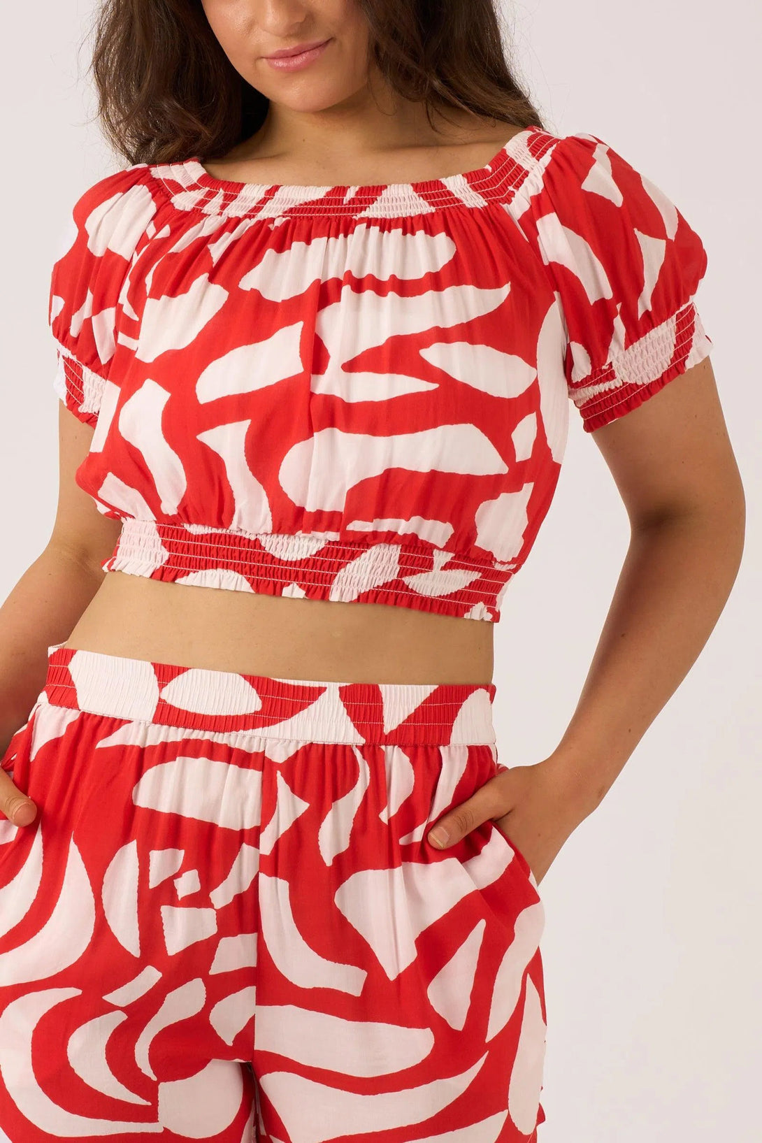 Sustainable Viscose Shirred Bardot Crop Top - Red Geo Waves-Activewear-Exoticathletica