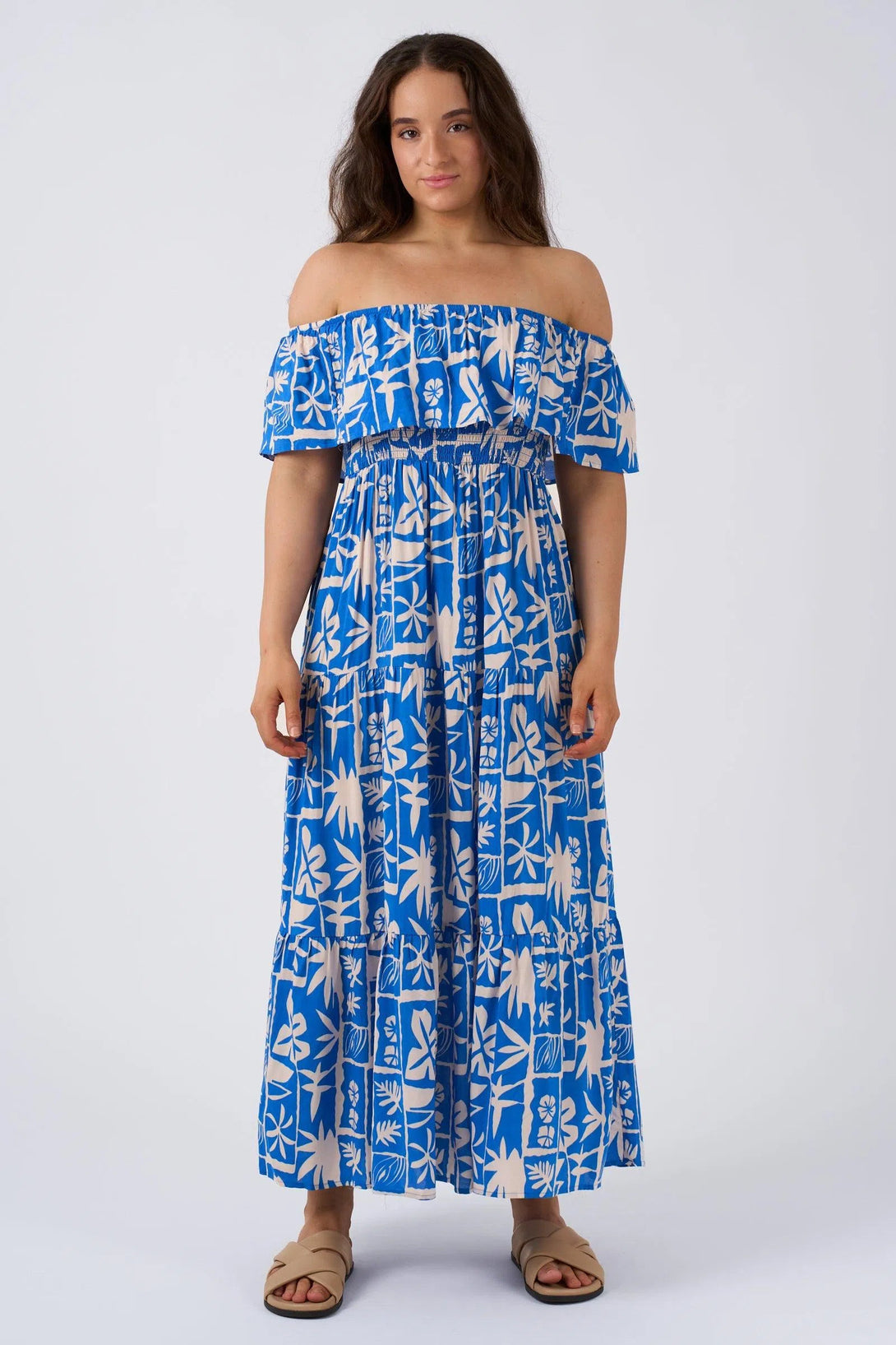 Sustainable Viscose Shirred Ruffle Maxi Dress - Blue Tiki-9358328373582-Activewear-Exoticathletica