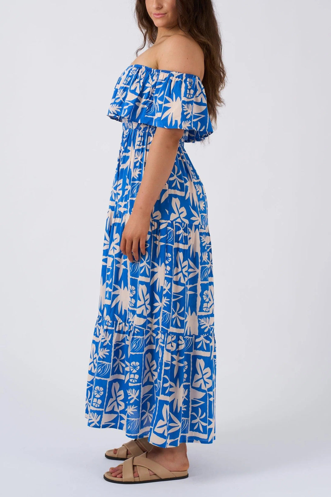 Sustainable Viscose Shirred Ruffle Maxi Dress - Blue Tiki-Activewear-Exoticathletica