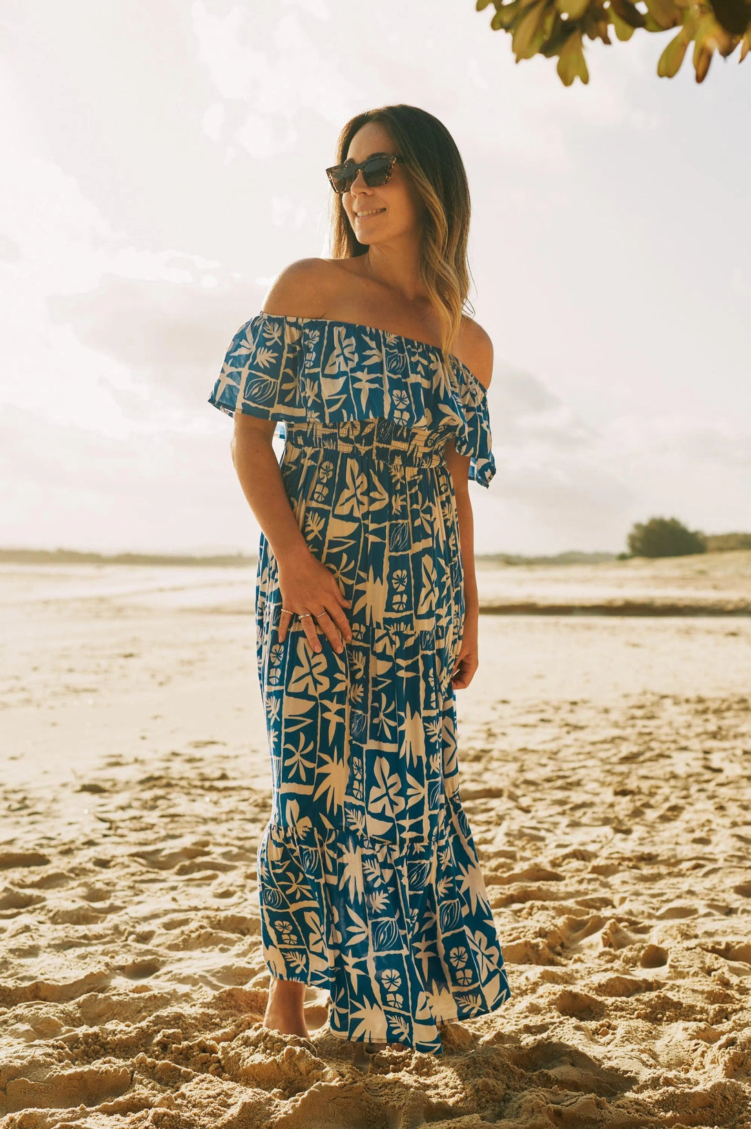 Sustainable Viscose Shirred Ruffle Maxi Dress - Blue Tiki-Activewear-Exoticathletica