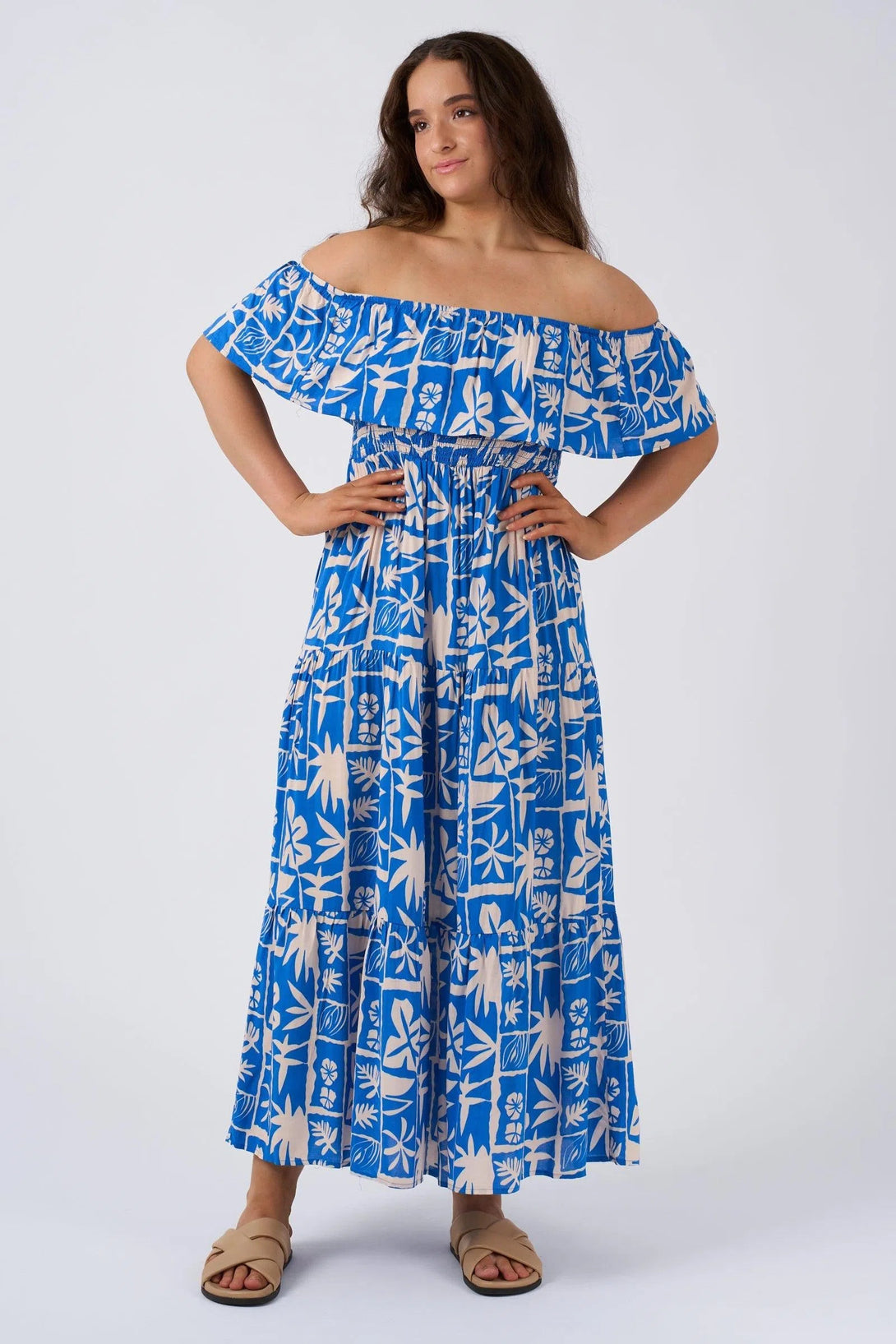 Sustainable Viscose Shirred Ruffle Maxi Dress - Blue Tiki-Activewear-Exoticathletica