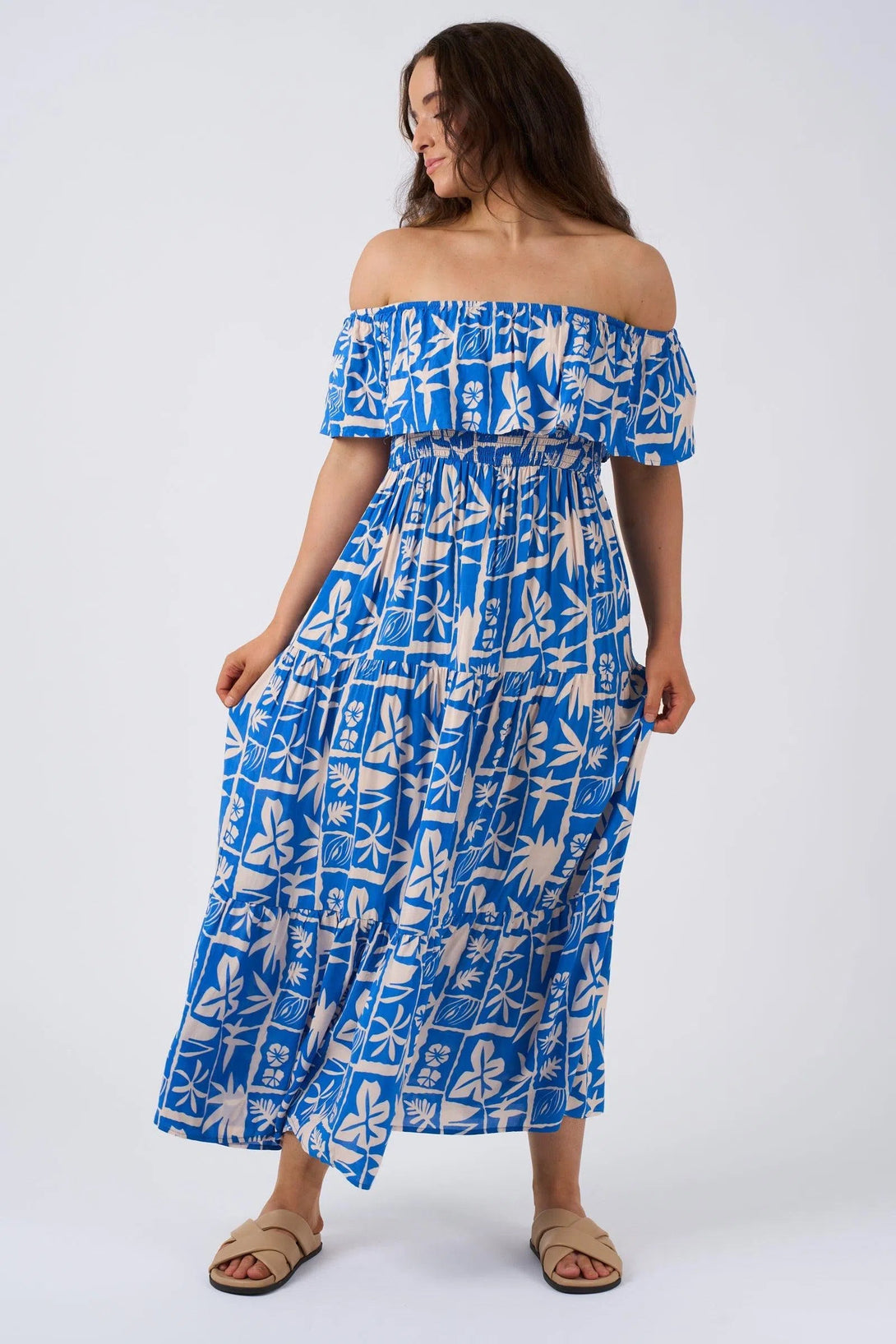 Sustainable Viscose Shirred Ruffle Maxi Dress - Blue Tiki-Activewear-Exoticathletica