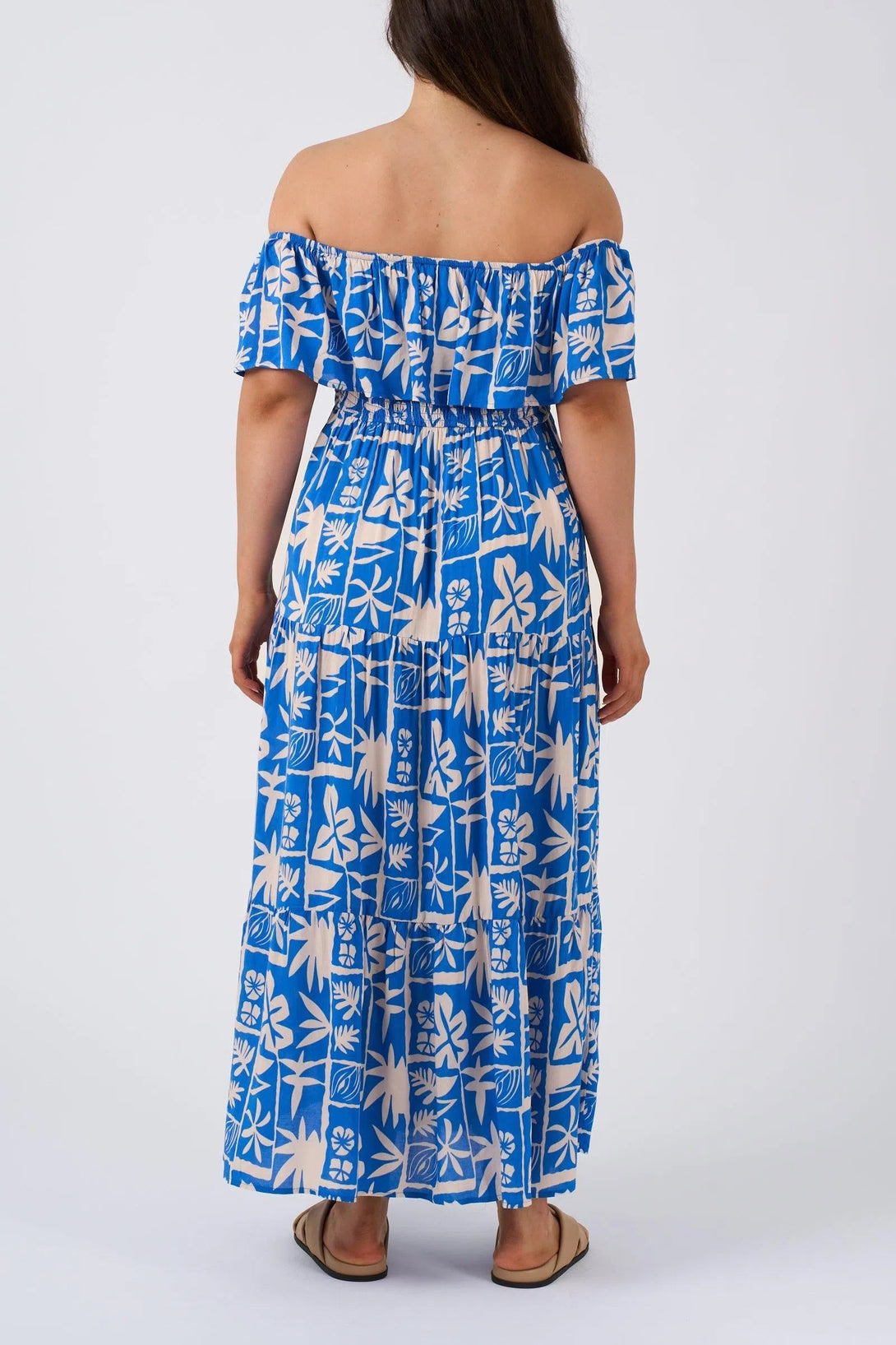 Sustainable Viscose Shirred Ruffle Maxi Dress - Blue Tiki-Activewear-Exoticathletica