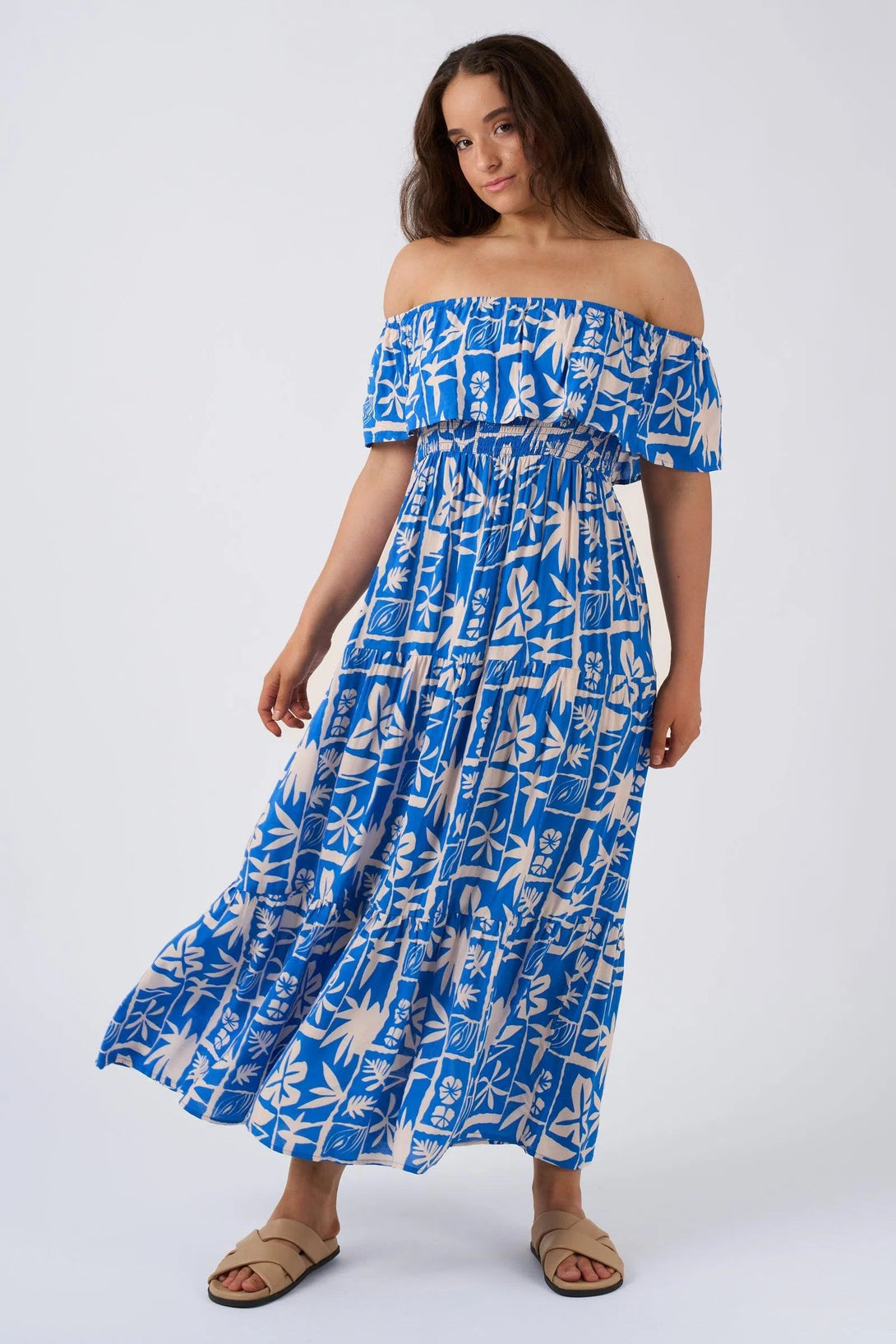 Sustainable Viscose Shirred Ruffle Maxi Dress - Blue Tiki-Activewear-Exoticathletica