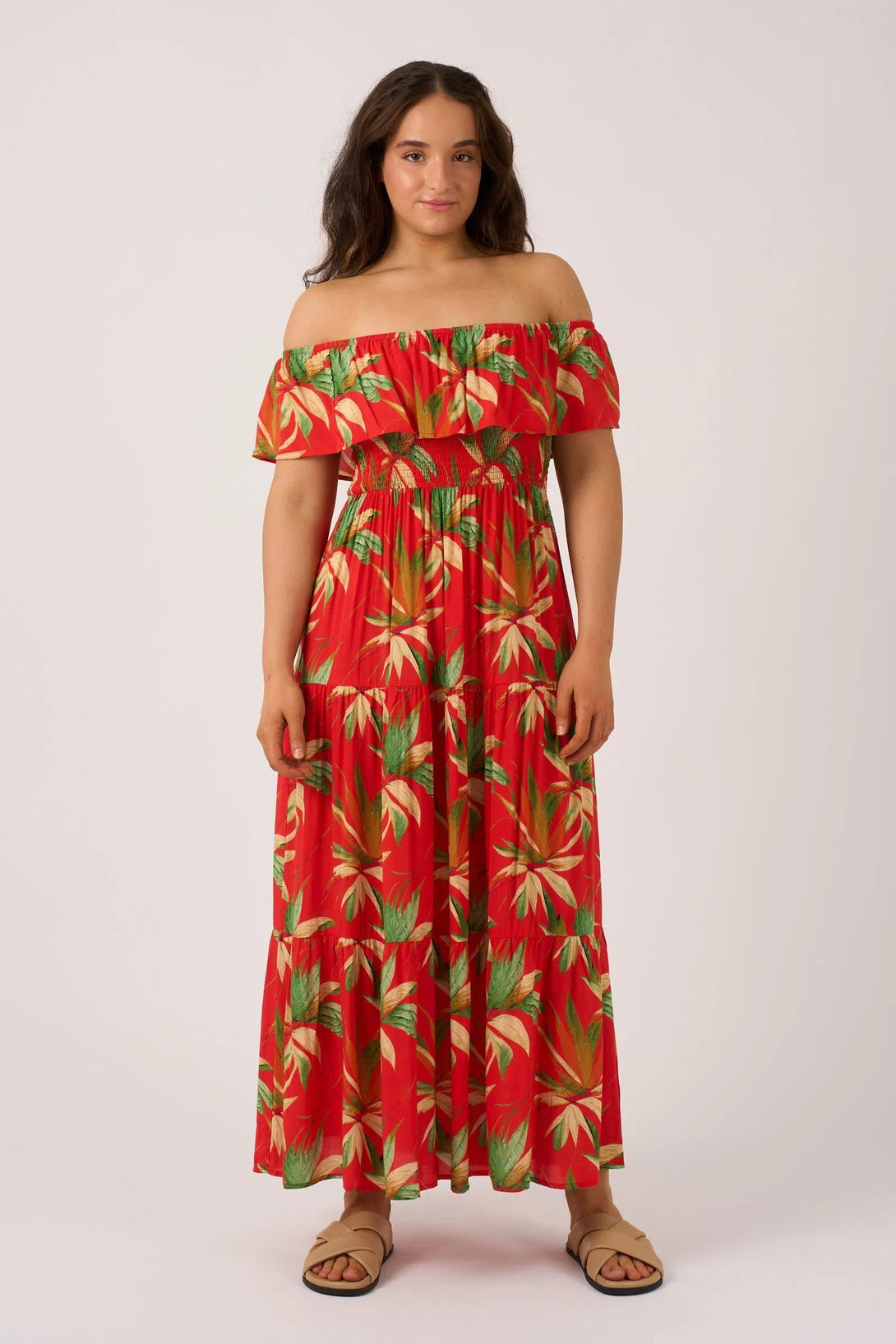 Sustainable Viscose Shirred Ruffle Maxi Dress - Flame Tropico-Activewear-Exoticathletica