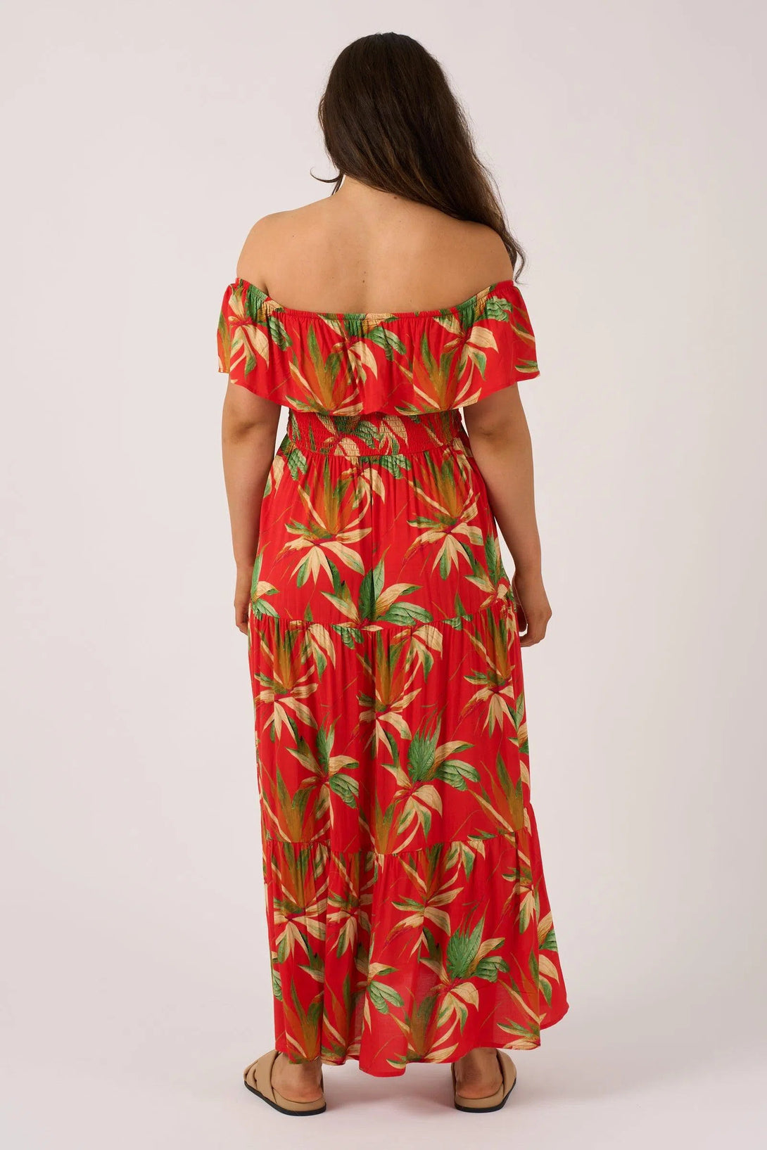 Sustainable Viscose Shirred Ruffle Maxi Dress - Flame Tropico-Activewear-Exoticathletica