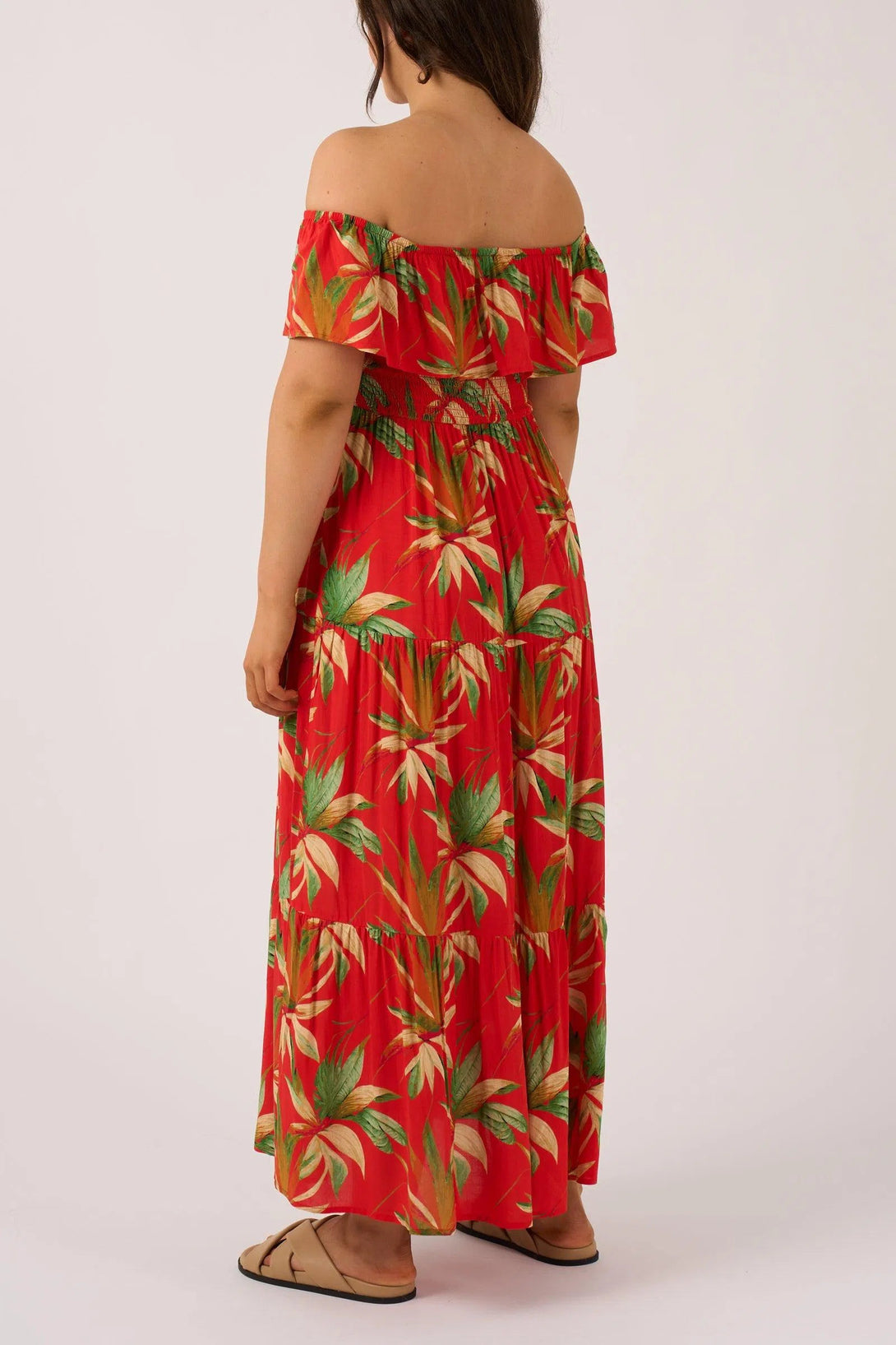 Sustainable Viscose Shirred Ruffle Maxi Dress - Flame Tropico-Activewear-Exoticathletica