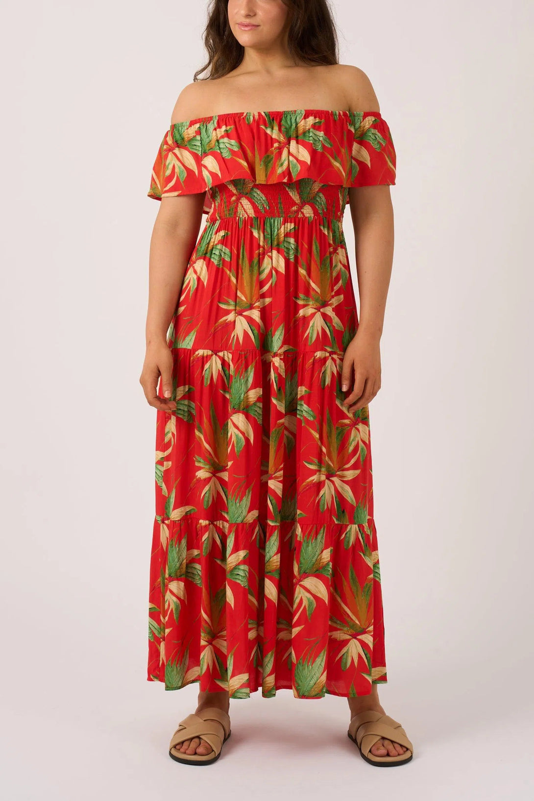 Sustainable Viscose Shirred Ruffle Maxi Dress - Flame Tropico-Activewear-Exoticathletica