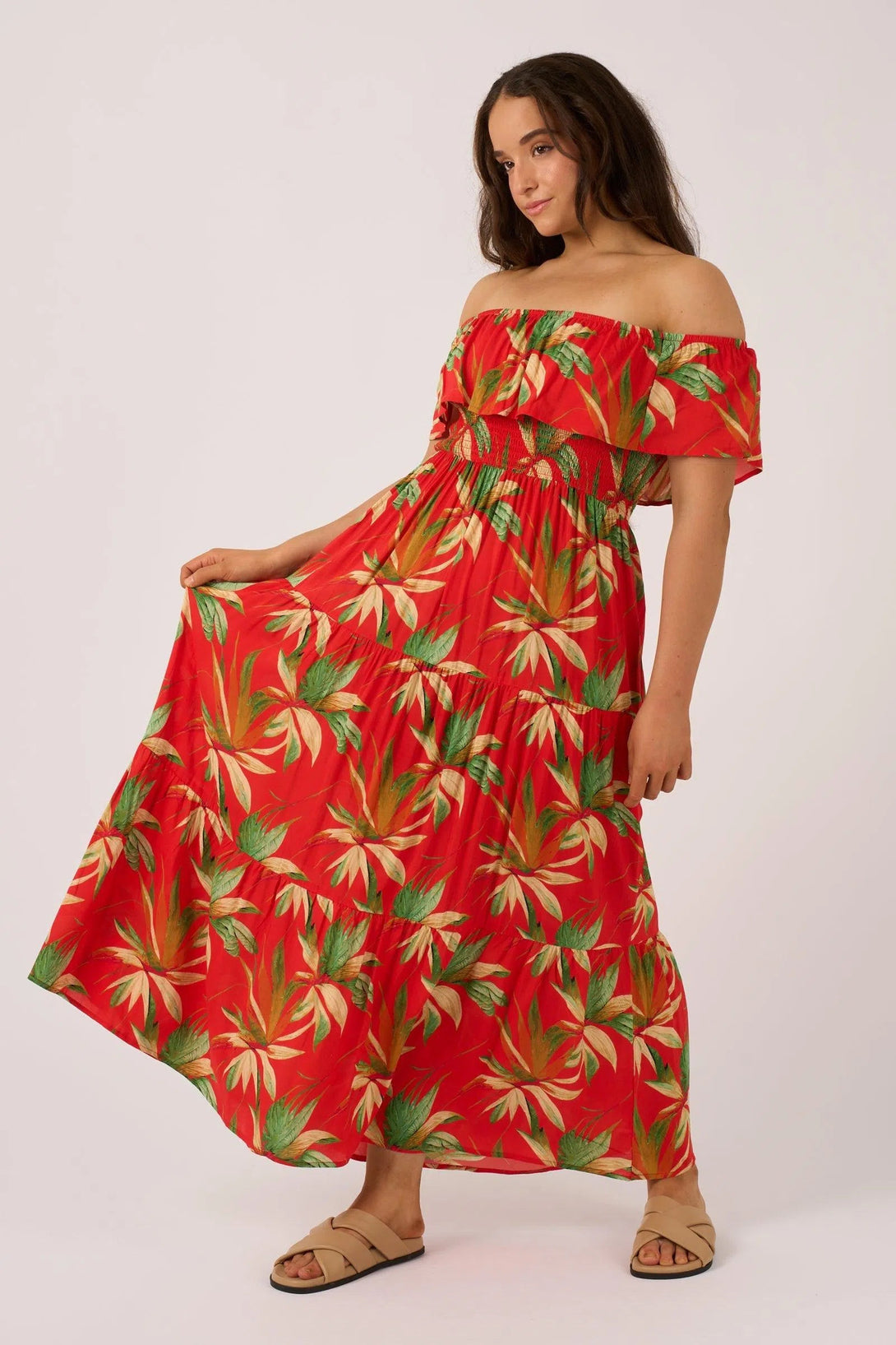 Sustainable Viscose Shirred Ruffle Maxi Dress - Flame Tropico-Activewear-Exoticathletica