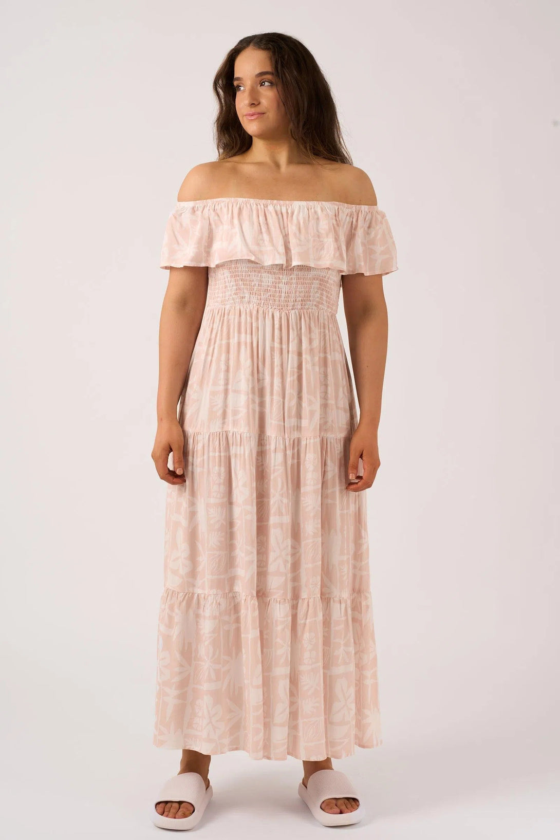 Sustainable Viscose Shirred Ruffle Maxi Dress - Nude Tiki-9358328373452-Activewear-Exoticathletica