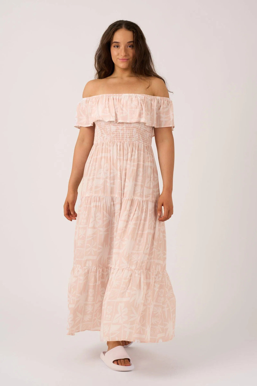 Sustainable Viscose Shirred Ruffle Maxi Dress - Nude Tiki-Activewear-Exoticathletica