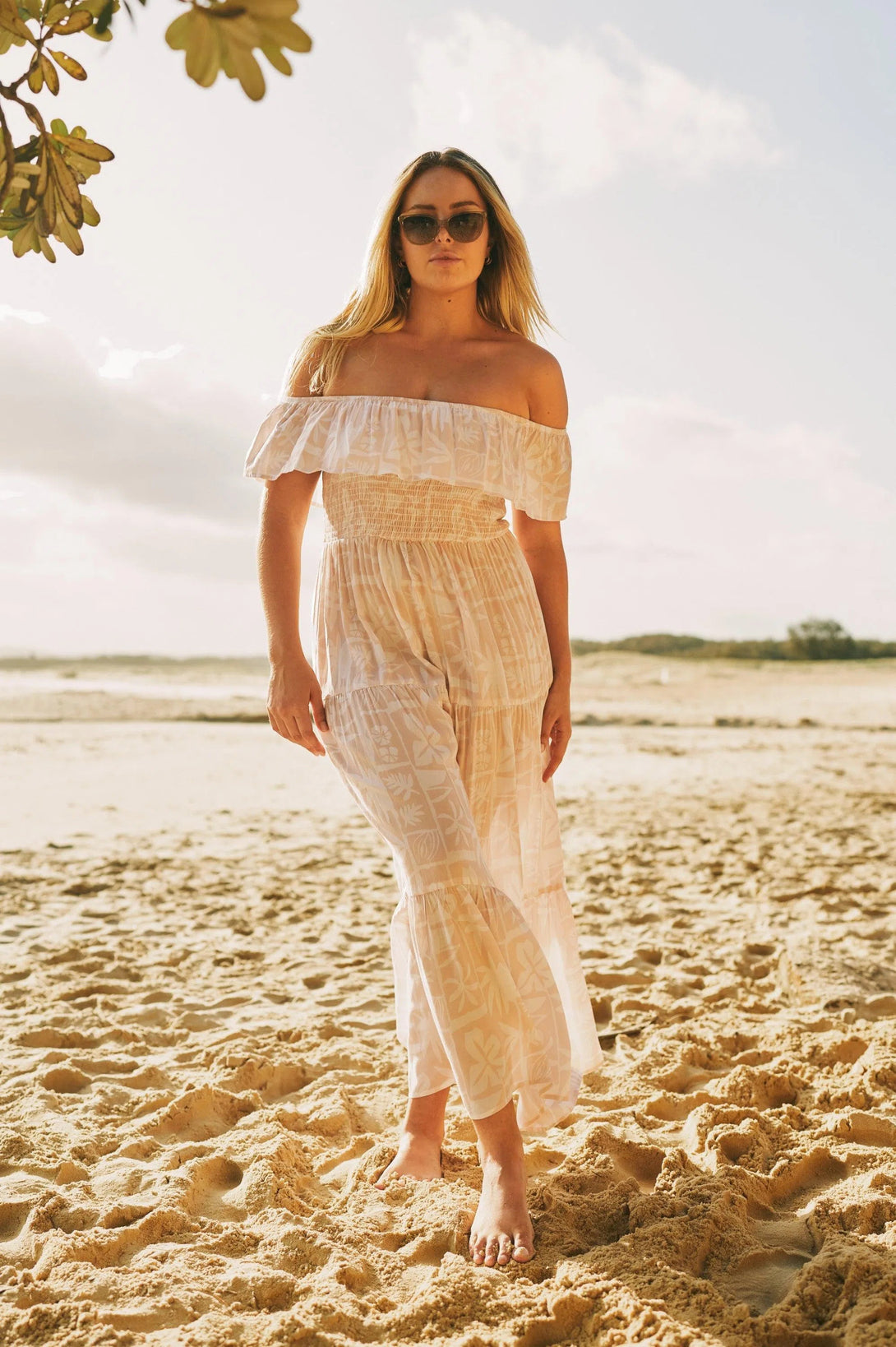 Sustainable Viscose Shirred Ruffle Maxi Dress - Nude Tiki-Activewear-Exoticathletica