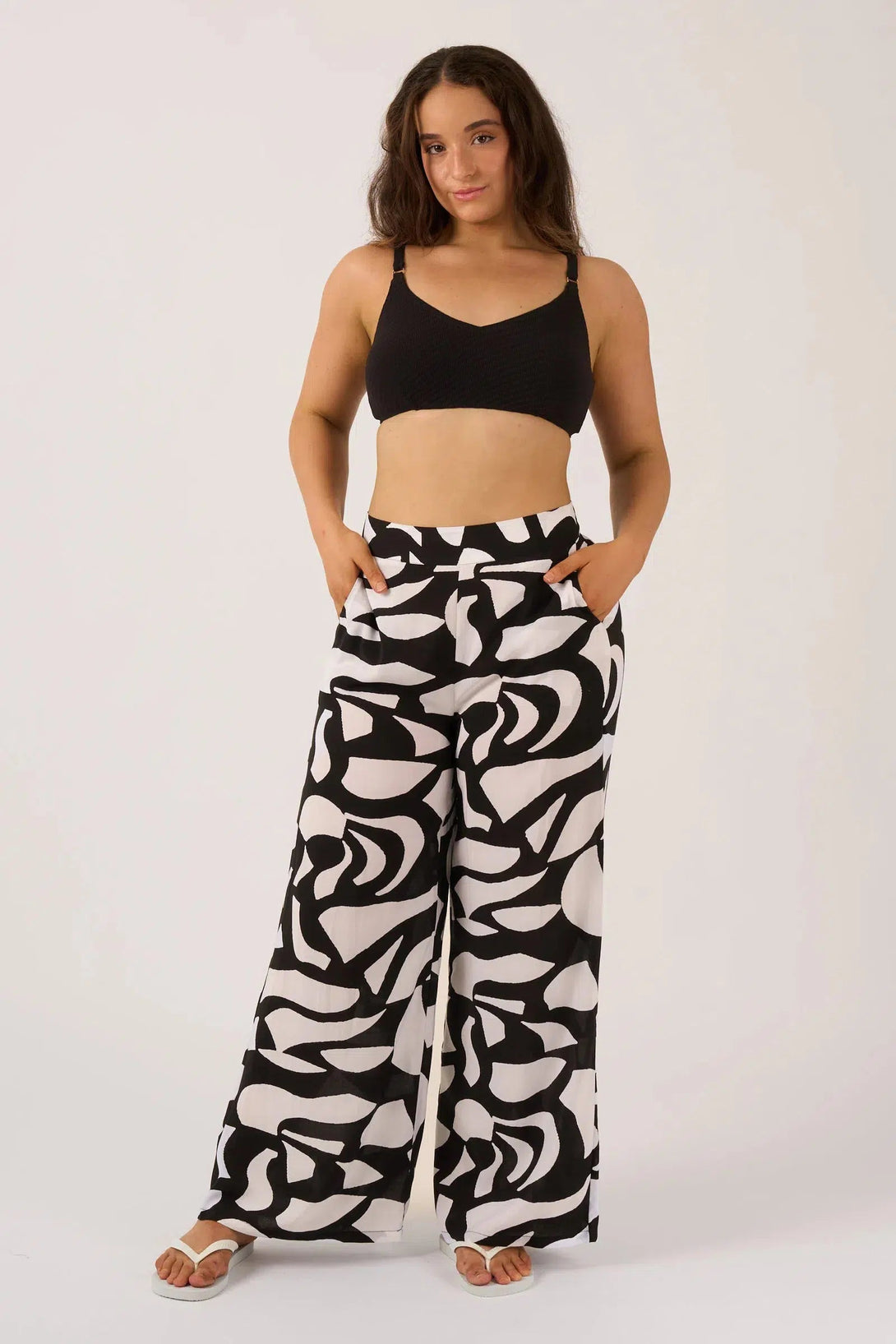 Sustainable Viscose Wide Leg Pant With Pockets - Black Geo Waves-9358328374312-Activewear-Exoticathletica