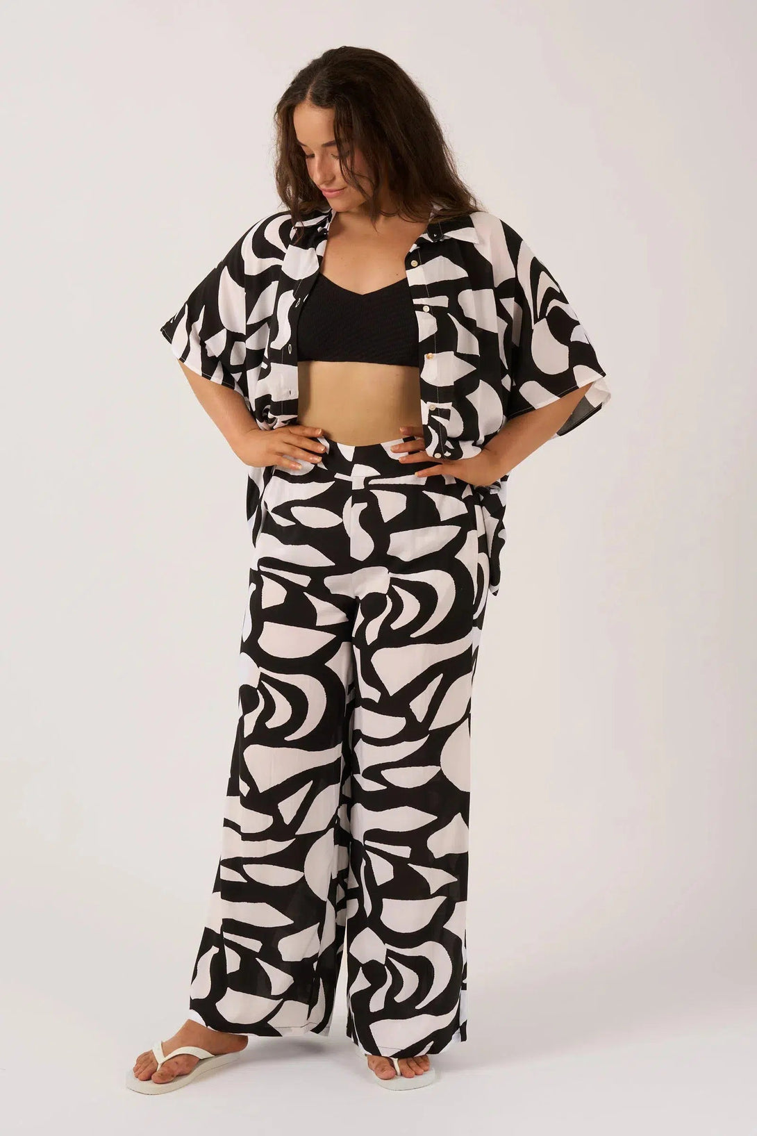 Sustainable Viscose Wide Leg Pant With Pockets - Black Geo Waves-Activewear-Exoticathletica