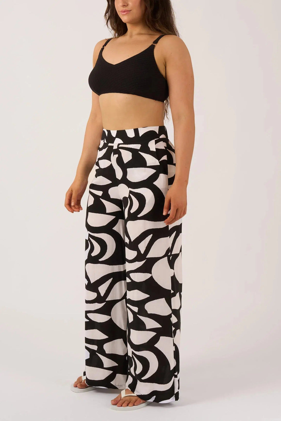 Sustainable Viscose Wide Leg Pant With Pockets - Black Geo Waves-Activewear-Exoticathletica